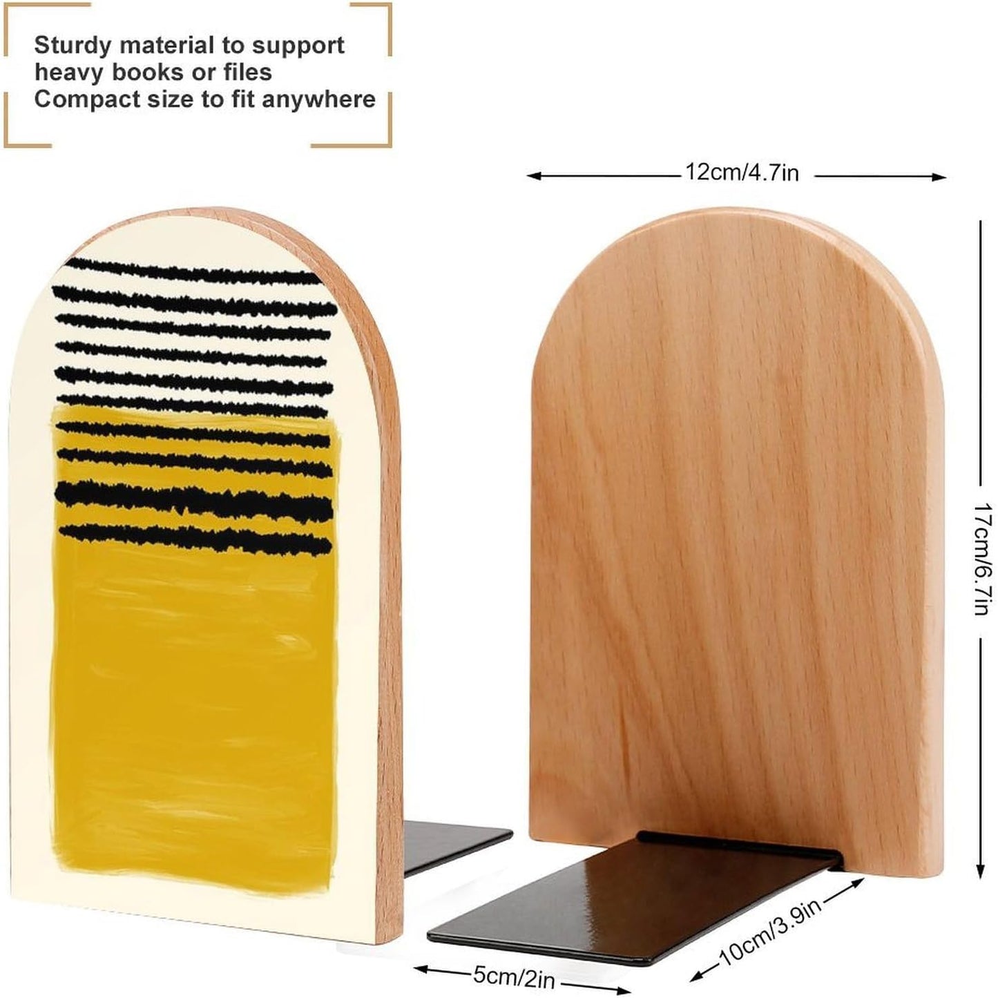Mustard Yellow Lines Wooden Bookend Non-Slip Book Ends Heavy Duty Book Stopper with Metal Base Books Holderd Decorative Bookends Stands Firmly for Office Supplies