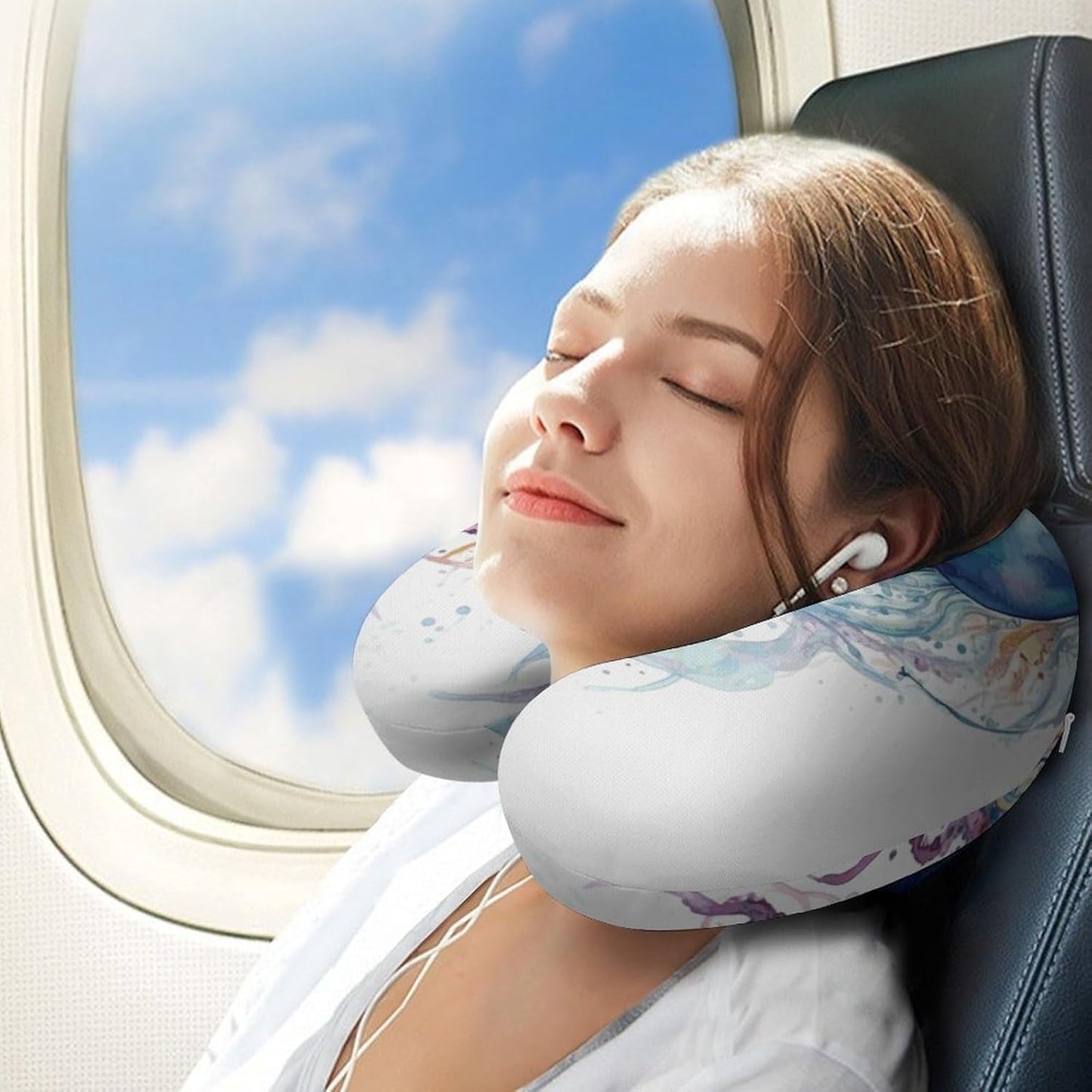 Watercolor Jellyfish Neck Pillow Memory Foam U Shaped Pillows Portable Pillows for Shoulder Travel Head Support Pillow with Concealed Zipper for Airplane Car Home Office