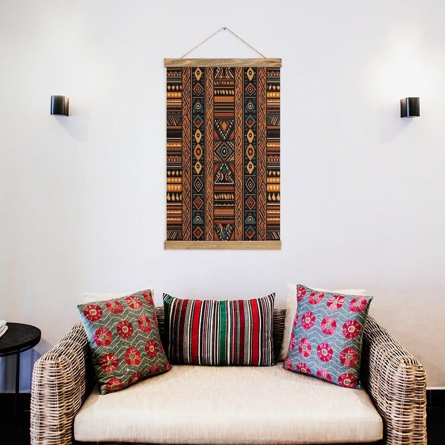 Vintage Traditional African Design Pattern Poster with Wooden Frame Personalized Linen Hanging Scroll Painting Rustic Wall Hanging Illustrative Modern Artwork Decor for Home Living Room Bedroom Office