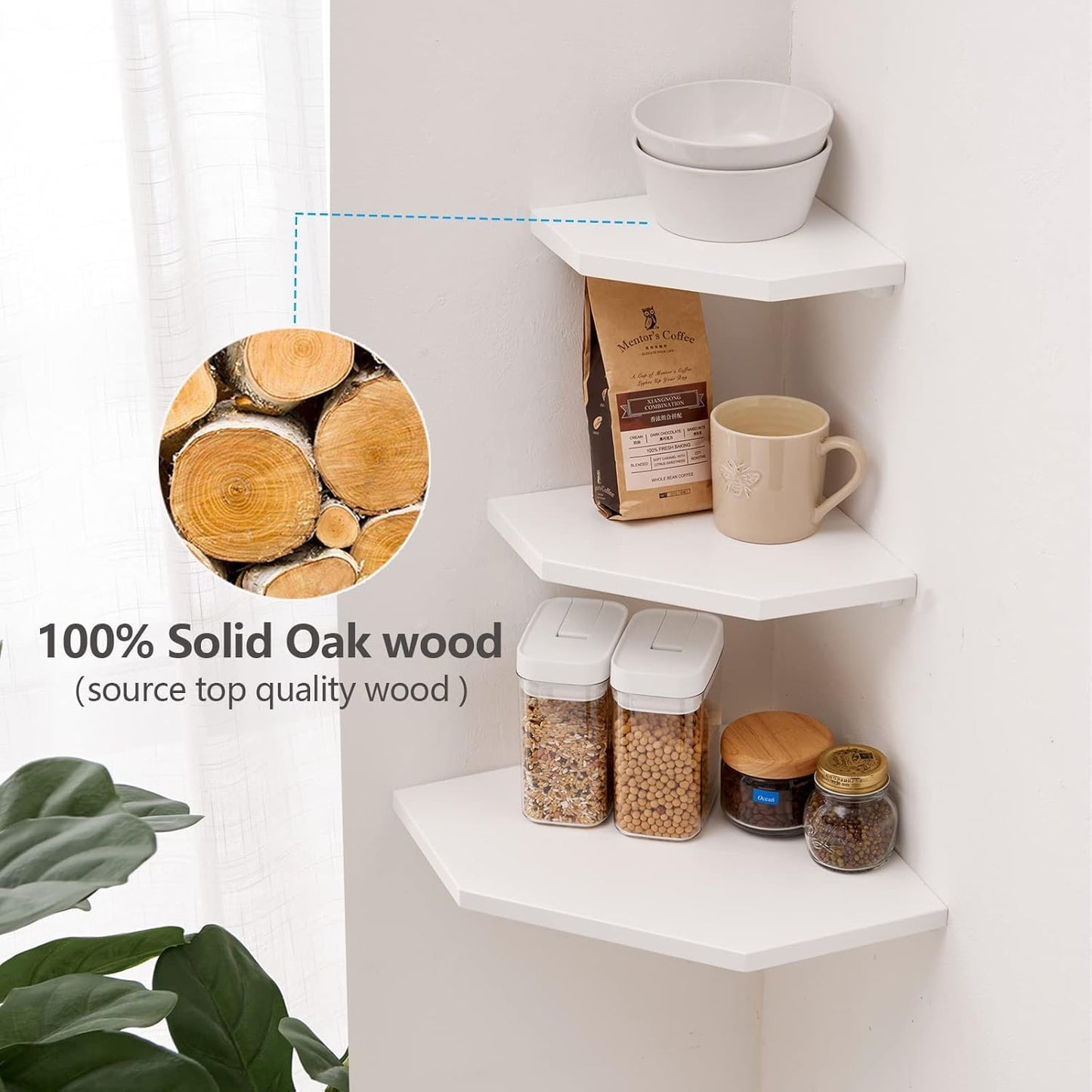 Corner Floating Shelves, White Corner Wall Shelf Set of 2, Solid Oak Wood Corner Shelves Wall Mount Shelf with Wire Hole Small Plant Display for Kitchen Living Room Bedroom