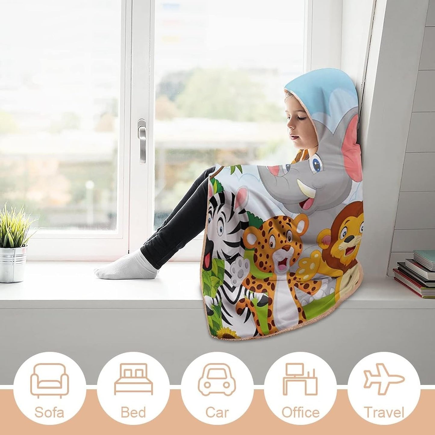 Throw Blankets, Nursery Women Men Hooded Blanket, Comic African Savannah Animals Playful Friendly, Soft Warm Cozy, 50 x 60inches, Studying Reading Snuggling Napping Office, Multicolor