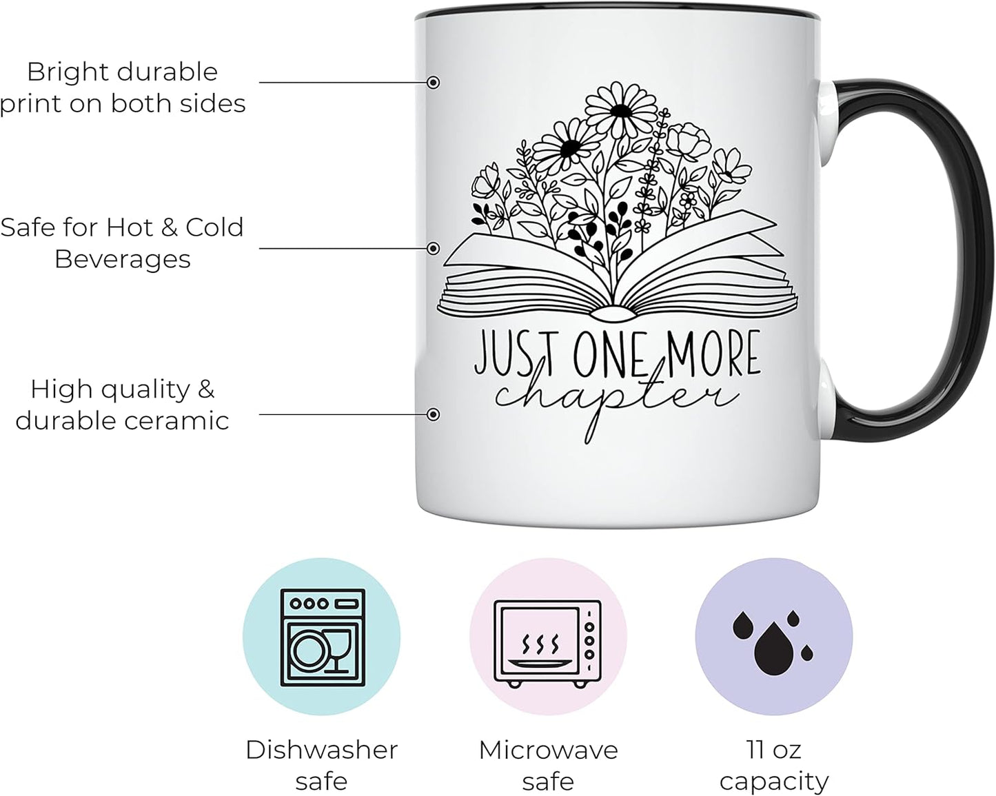 YouNique Designs Just One More Chapter Mug, 11 Oz, Book Lovers Mug, Librarian Gift for Readers, Book Club Gift (Black Handle)