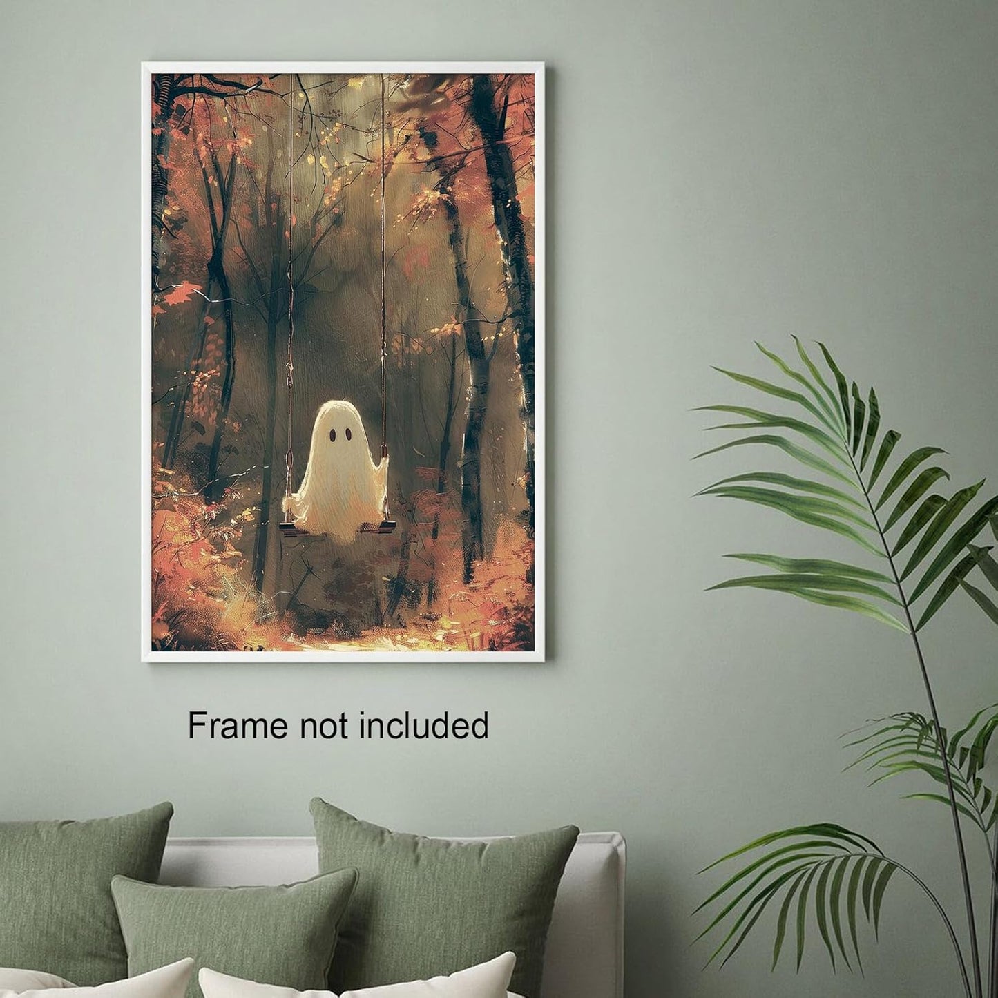 Vintage Cute Ghost Canvas Wall Art Funny Ghost on A Swing in The Forest Aesthetic Poster Gothic Dark Academia Wall Decor Spooky Fall Gothic Cute Decor 11x14in Unframed