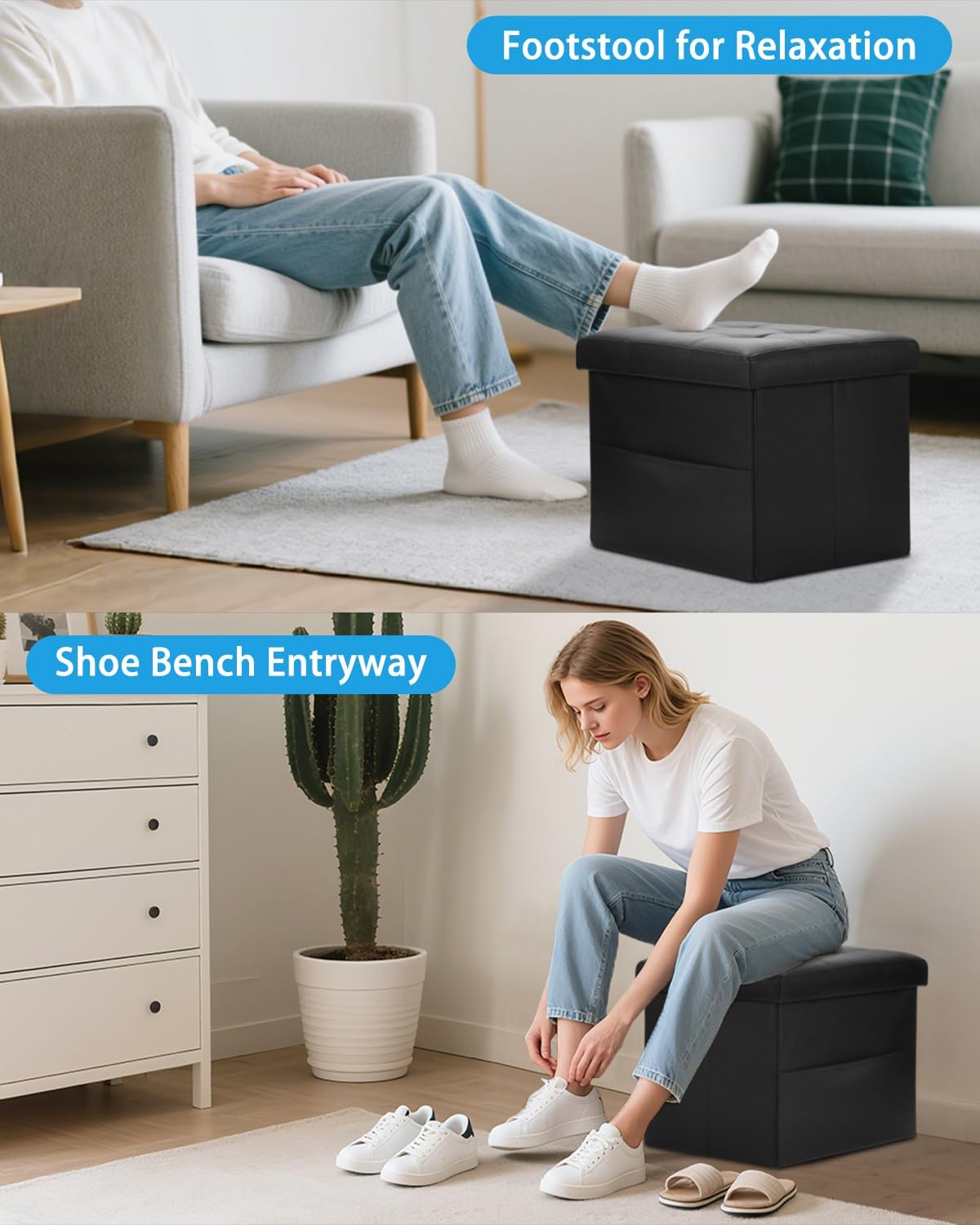 Ottoman with Storage Foot Stool - 17 Inches Folding Storage Ottomans, Leather Upholstered Ottoman Foot Rest with Side Pockets, Suitable for Living Room, Bedroom, Cafe