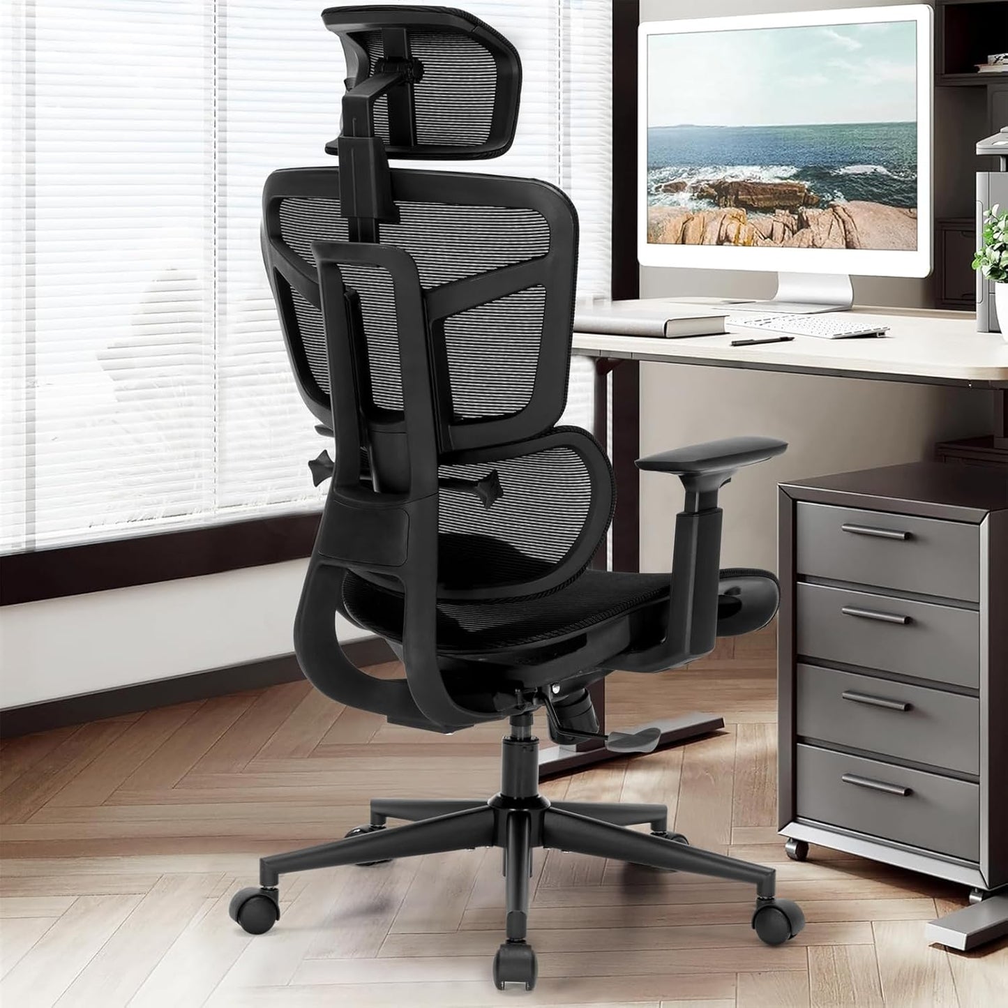 Ergonomic Office Chair, Desk Chair with Adjustable Height, Lumbar Support, High Back Mesh Computer Chairs with Flip up Armrests Support Home Gmaing Desk Chair, 360°Swivel, Tilt Lock and Wide Cushion
