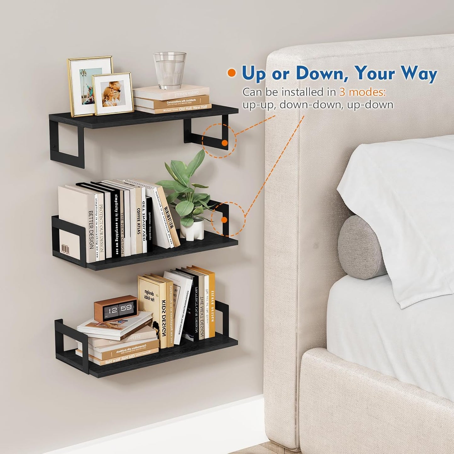 Wall Mounted Bookshelf, Floating Bookshelves for Bedroom, 17 Inches Long Wall Mount Book Shelves for Living Room Office Books, Black Wall Book Holder Bookcase (Set of 3)
