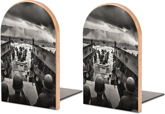 Photo of Normandy Landings Bookends 1 Pair Heavy Duty Book Ends for Shelves Non-Skid Bookend Supports Wooden Book Holders with Metal Base Desk Organizers Books Storage to Hold Books