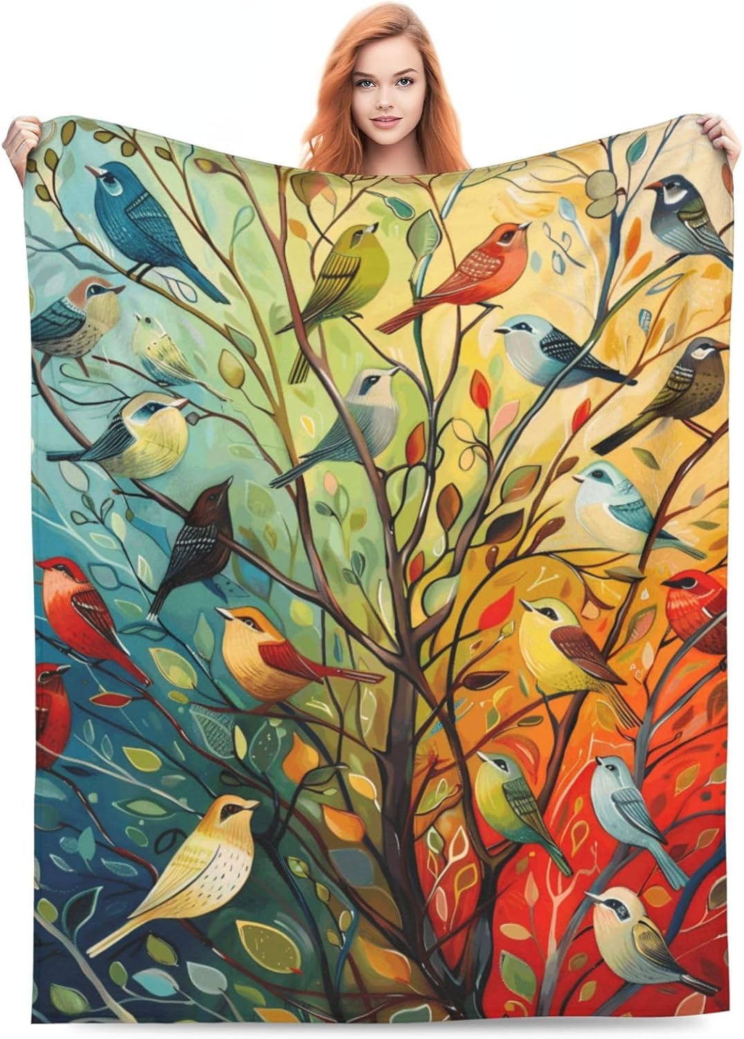 Colorful Bird Tree Blanket Bird Tree Decor Animal Throw Blanket Gifts for Girls Boys Super Warm Soft Plush Lightweight Fleece Flannel Winter Bedding Blankets for Kids Adult Women Men 50"X40"