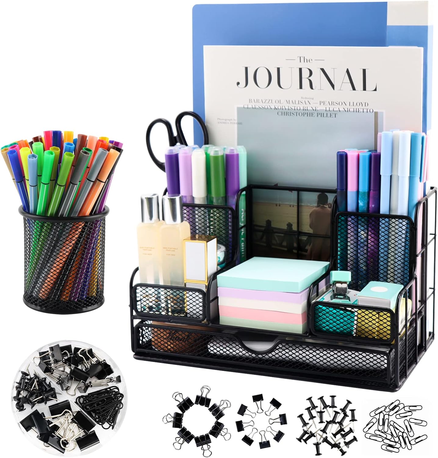 Desk Organizers Caddy and Accessories with 7 Compartments + Pen Holder / 72 Clips Set, Drawer, Black Mesh Office Supplies Desktop Organizer for Home, Office Ect