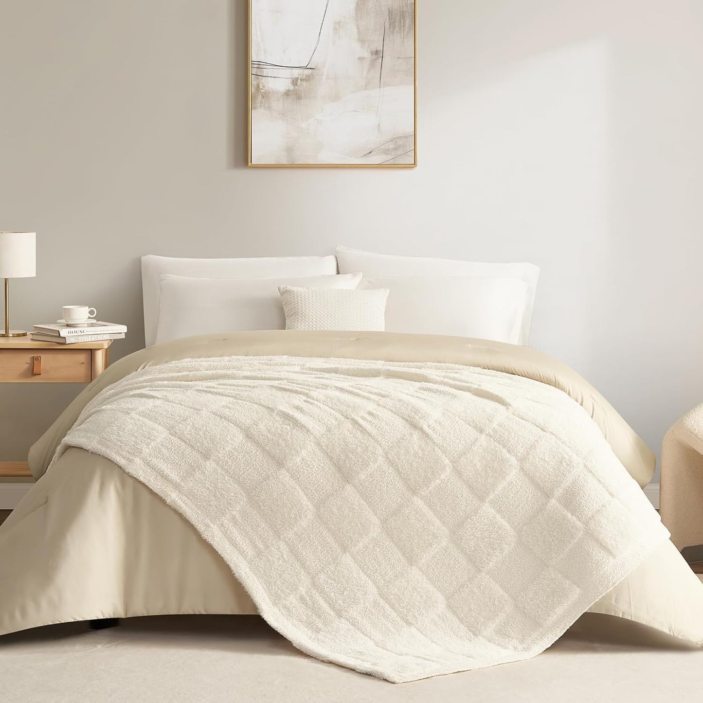 Snuggle Sac Checkered Throw Blanket Faux Fur Microfiber Blankets for Couch,Cozy Soft Warm Blanket for Sofa Bedroom Living Room,Solid Ivory,50x60 inches
