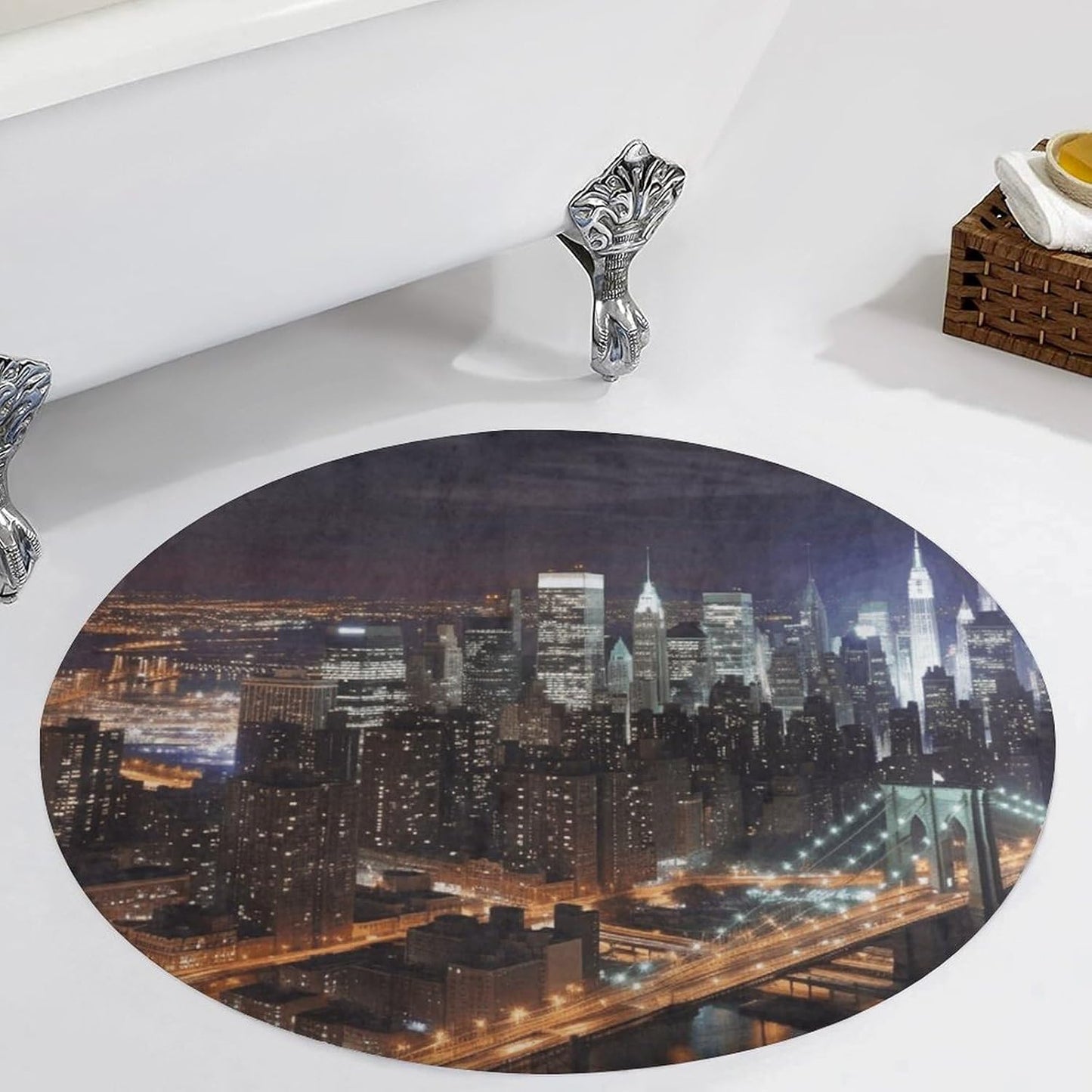 New York Night Circle Rug Retro Luxury Coral Velvet Floor Mat Non Slip Soft Indoor Floor Carpet Comfy Thickened Area Rugs Modern Aesthetic Minimalist Carpets for Home Decor