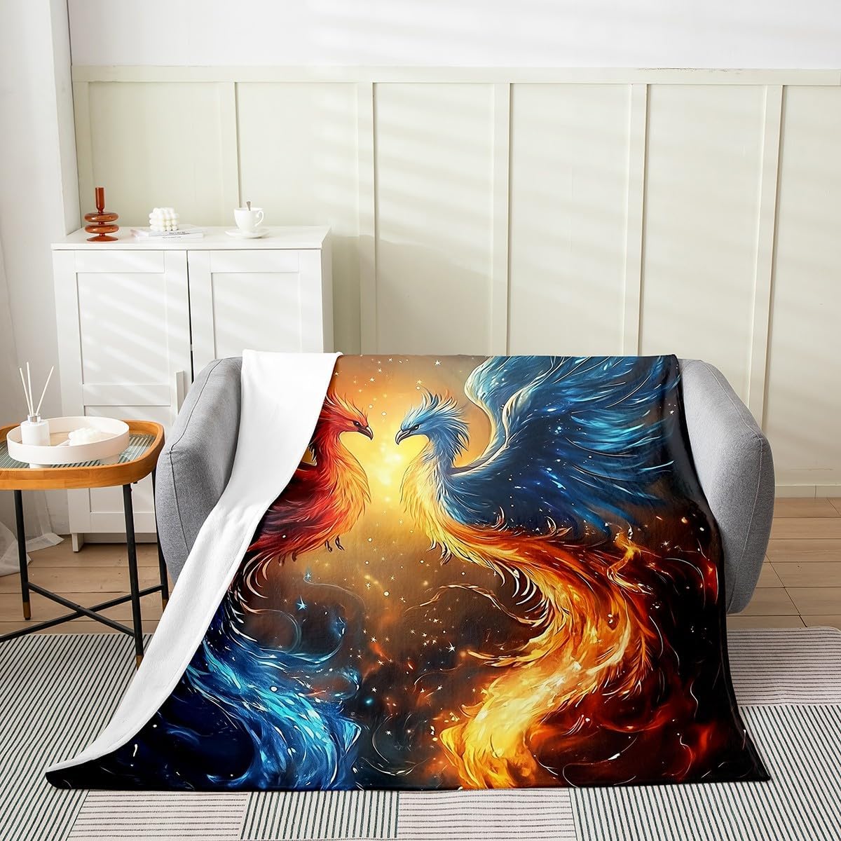 Erosebridal Couple Phoenix Blanket Twin 60X80 Ice Fire Phoenix Throw Blanket Magical Birds Animals Fleece Blanket Glitter Starry Sky Valentine's Day Fuzzy Blanket for Women Men