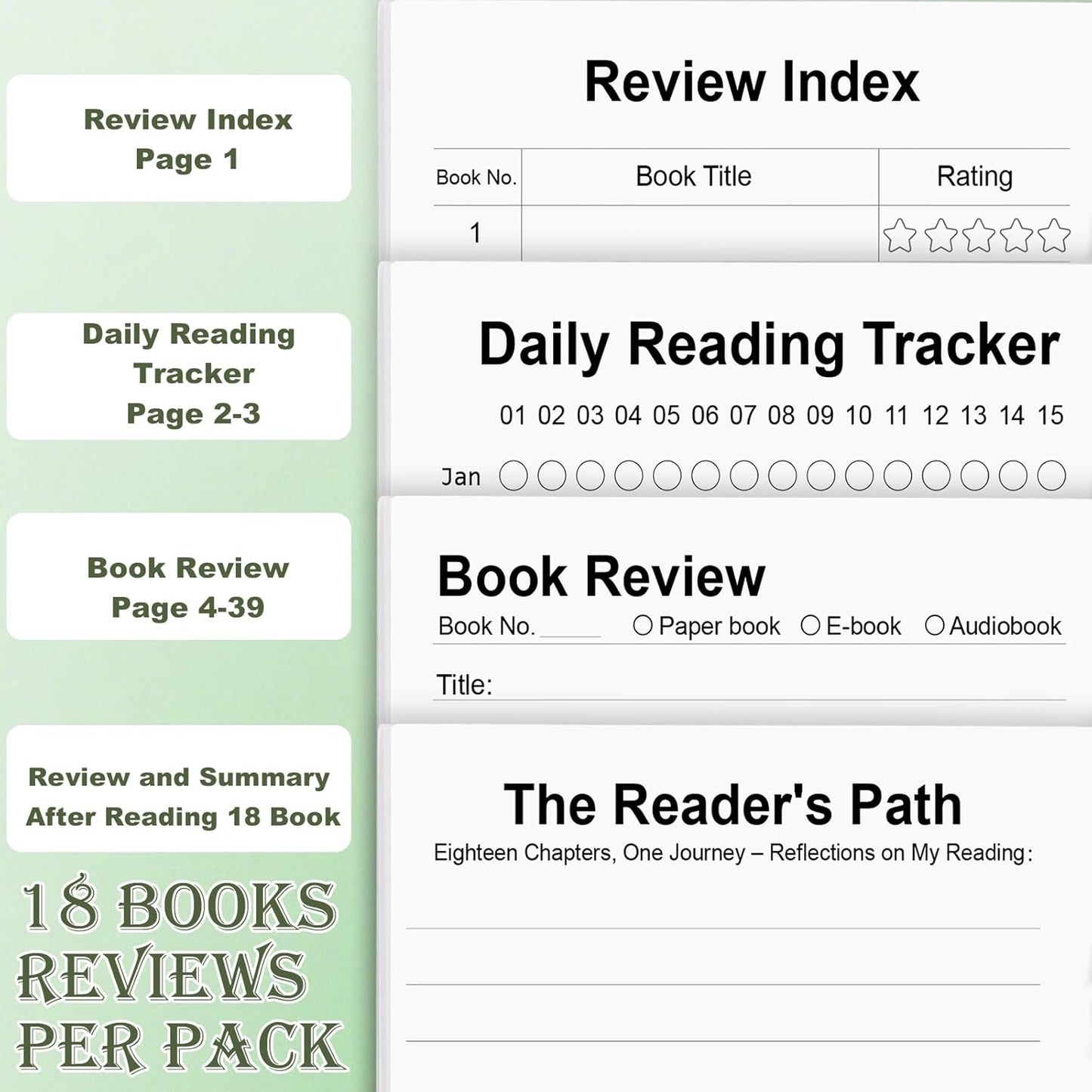 6 Pack Reading Journal for Book Lovers 18 Books Reviews Per Pack Reading Log Tracker with Review Pages Mini Book Journal 3.5" x 6" Bookish Gift for Readers Green 20 Sheets 80gsm Duplex Inner Pages