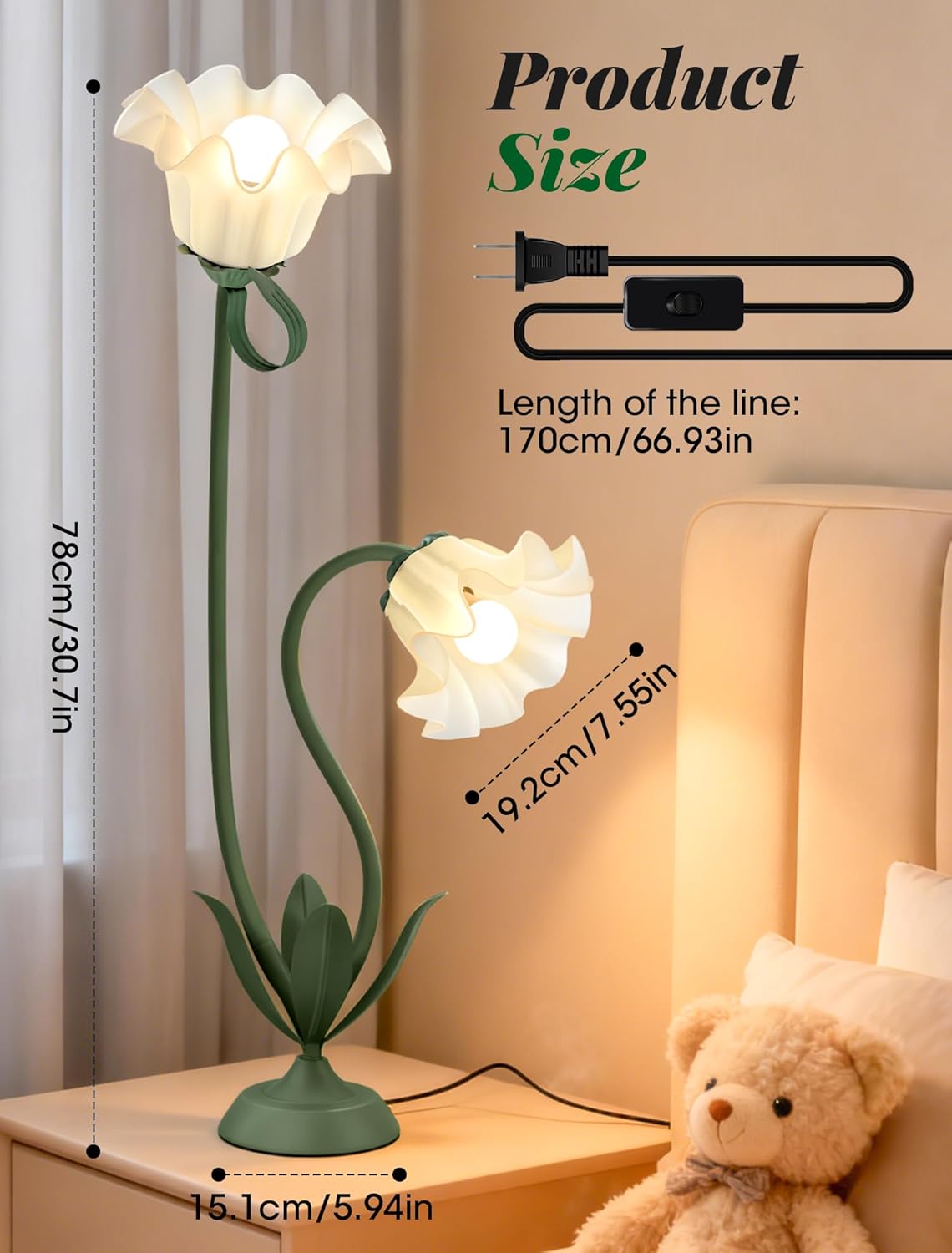 Flower Desk Lamp, Vintage Bedside Table Lamp for Bedroom, Flexible LED Reading Light with 3 Color Modes and Clamp, Unique Aesthetic Home Living Room Decor Dorm Essentials Valentines Day Gifts(Green)