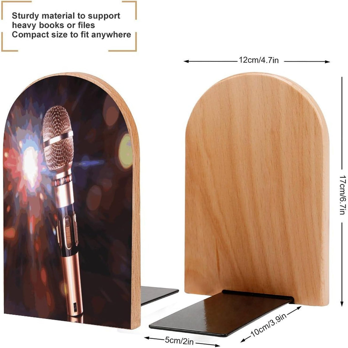 Non-Slip Bookend for Shelves Karaoke Microphone Wooden Bookends with Metal Base Decorative Book Stopper for Home Heavy Duty Wood Book Storage for Books/CDs