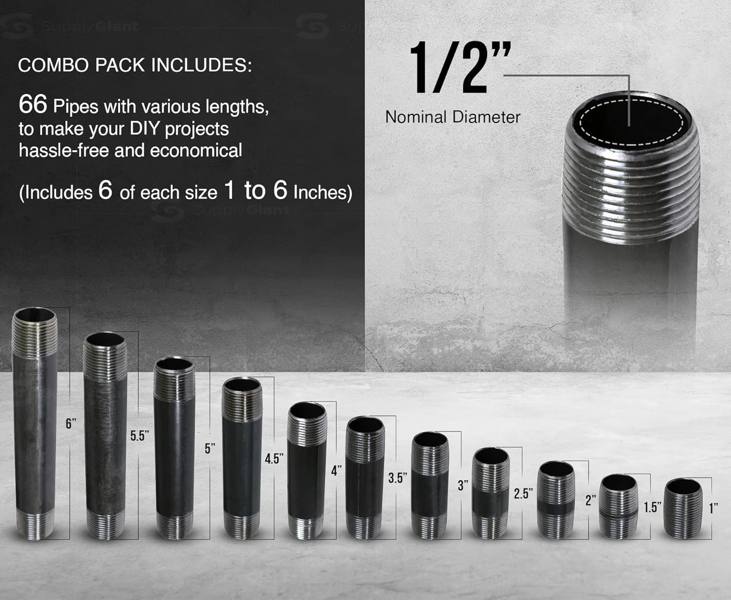 Supply Giant 1/2 Inch Black Pipe Assortment, Heavy-Duty Malleable Threaded Nipples, Steel Pipe Fittings Great For DIY Vintage Shelving Projects (Includes 6 of Each Size, 1-6 Inches 66 Pieces in Total)