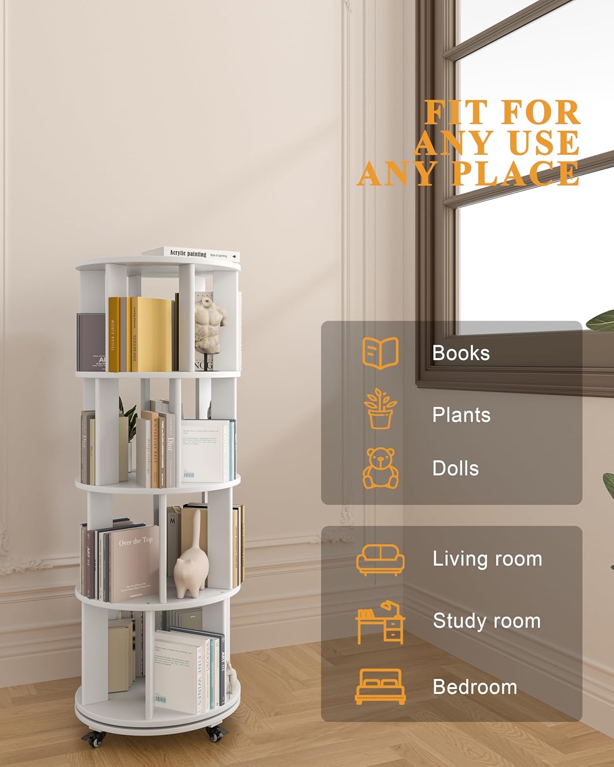 Rotating Bookshelf, 4-Tier Solid Wood Spinning Bookcase with Wheels, 360° Revolving Bookshelf Tower with Lockable Casters, Compact Round Book Tower for Kids Room, Bedroom, Small Space, White