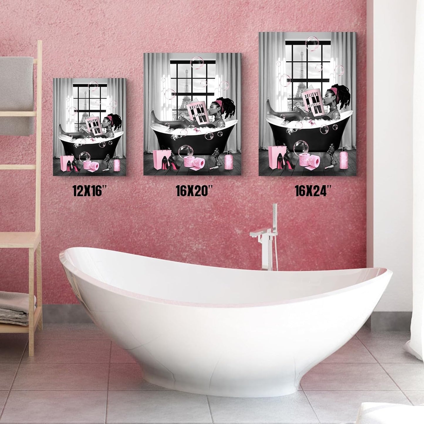 Ewozet African American Women Bathroom Wall Art Decor Black Girl Reading Lying in the Bathtub Canvas Wall Decor Modern Pink and Black Girls Pictures Framed Artwork for Bathroom Bedroom Living Room