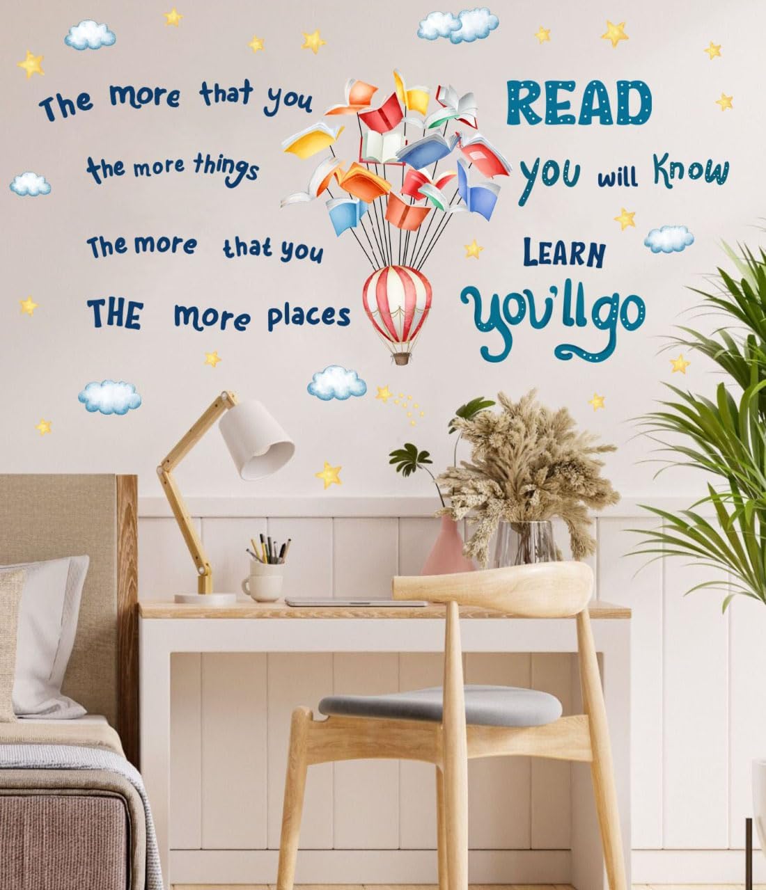Reading Book Wall Decal,The More That You Read The More Things You Will Know Inspirational Quote Vinyl Wall Stickers, Removable Educational Reading Artwork for Classroom Office Library Decor