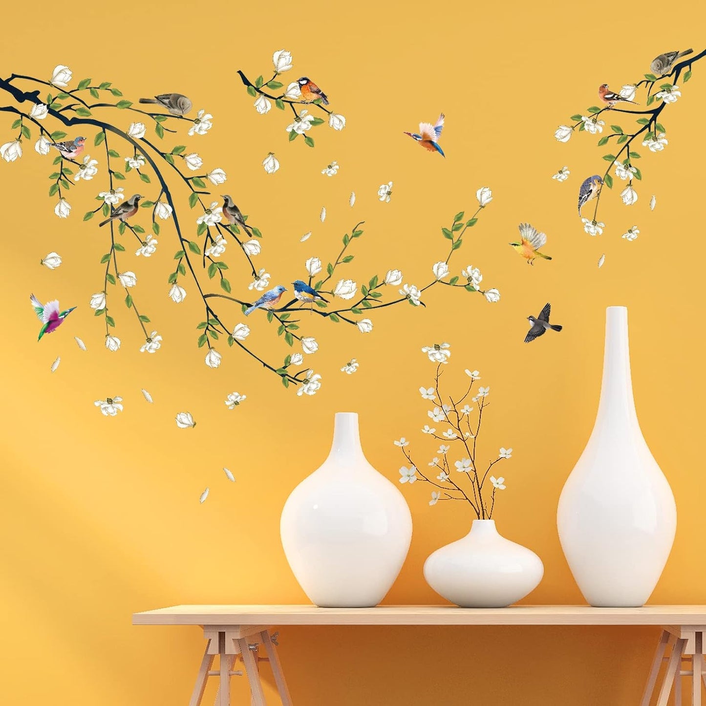 4 Sheets Magnolia Branches Wall Decals White Flowers Wall Stickers DIY Removable Colorful Birds Wall Sticker Petals Falling Home Decoration for Girls Bedroom Living Room Kitchen Bathroom TV Background