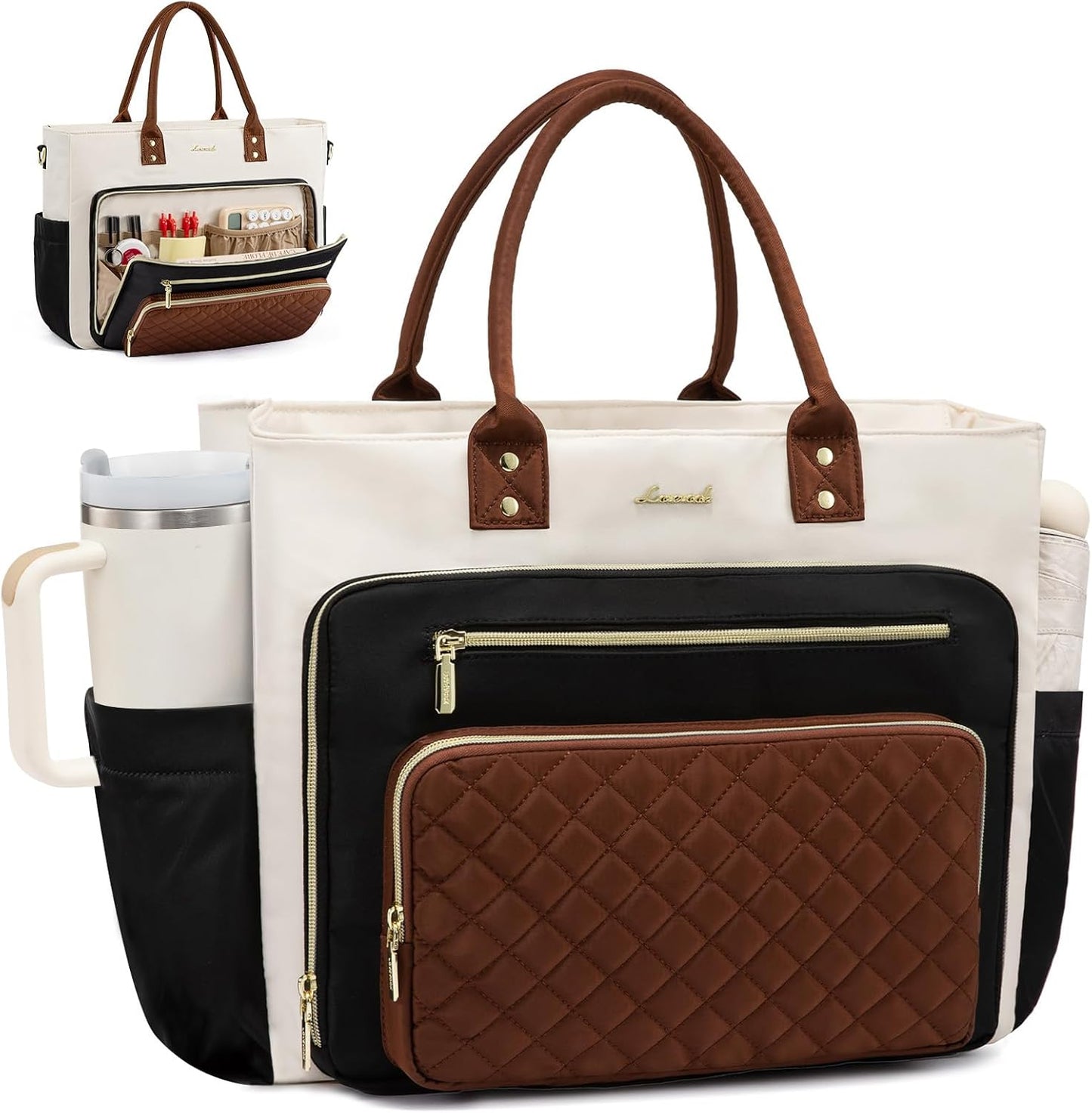 LOVEVOOK Teacher Tote Bag for Women Work, Laptop Bag With Large Cup Holder, Nurse Bags Professional Briefcase Business Computer Purses Bible Handbag Gifts, Black-Beige-Brown, 15.6 Inch