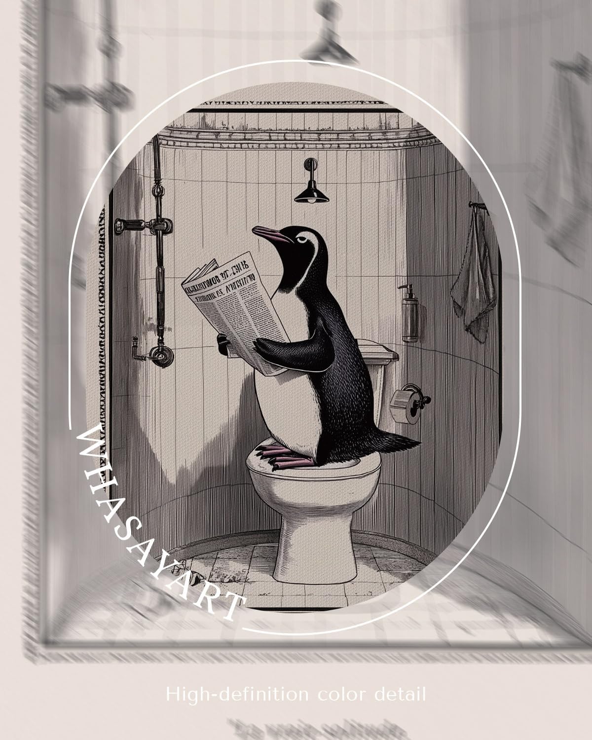 WHASAYART Funny Penguin Reading Newspaper on Toilet Wall Art, 12x16 Framed Canvas Print French True Solitude Is on the Throne Quote Artwork, Humorous Restroom Bathroom Office Men’s Cave Decor