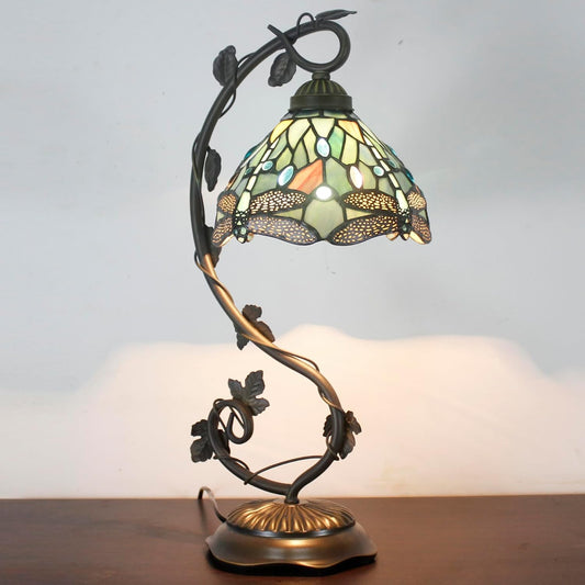 WERFACTORY Tiffany Lamp Sea Blue Stained Glass Dragonfly Style Desk Reading Light, Metal Leaf Table Lamp Base 8X10X21 Inches Decor Small Space Bedside Bedroom Home Office S147 Series