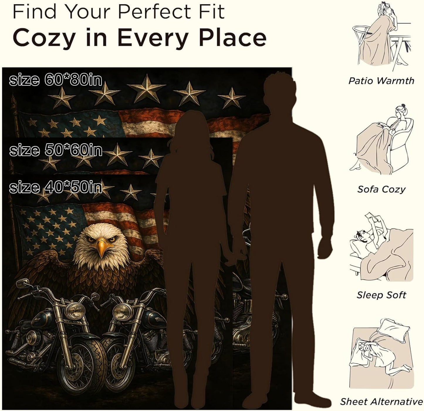 Patriotic Eagle Motorcycle Blanket Gifts for Boys Girls Kids, American Flag Bald Eagle Warm Soft Flannel Throw Blankets for Bedroom, Travel, Sofa, Room, Birthday Christmas Spring Decor, 50x60 in