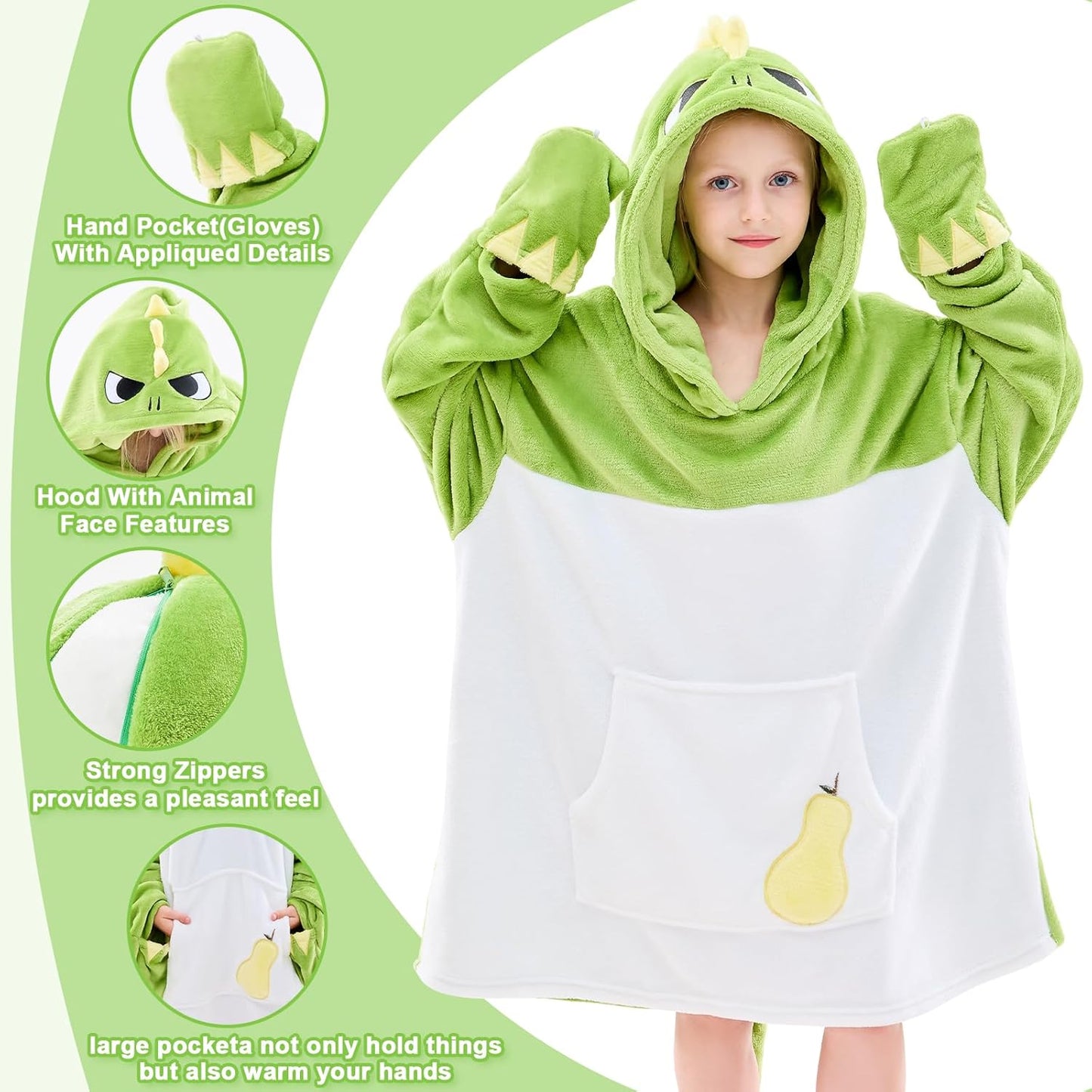 IFNOW Wearable Blanket Hoodie Kids, Oversized Fleece Blanket Sweatshirt Christmas Birthday Gifts for Boys, Girls, Teen Hoodie with Portable Foldable Blanket Pillow, Embroidery 5-15 Years, DinoPear