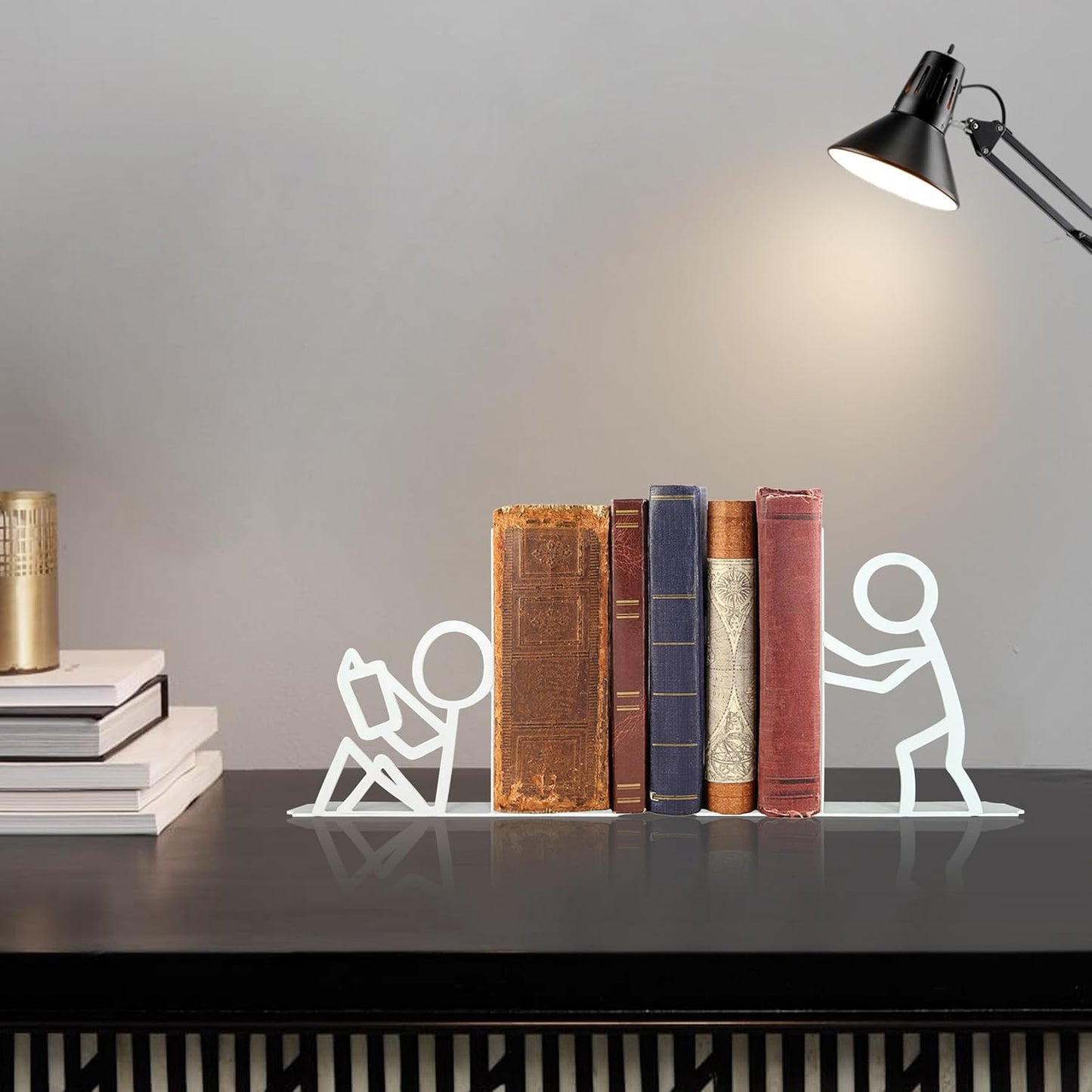 Metal Unique Office Desk Bookends Bookends Decorative Cute Book Ends Reading Decor Bookshelf Decor for Office School Library Bedroom, Book Lovers Gift（White）