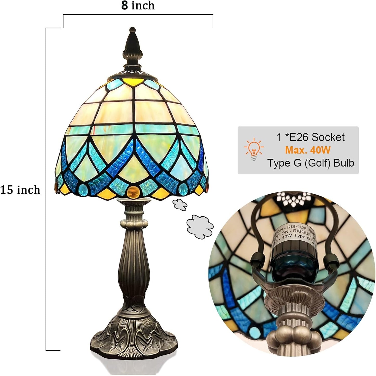 Tiffany Table Lamp,Blue Small Stained Glass Accent Table Light,Antique Style Nightstand Desk Lamp Vintage Bedside Lamp for Living Room Bedroom