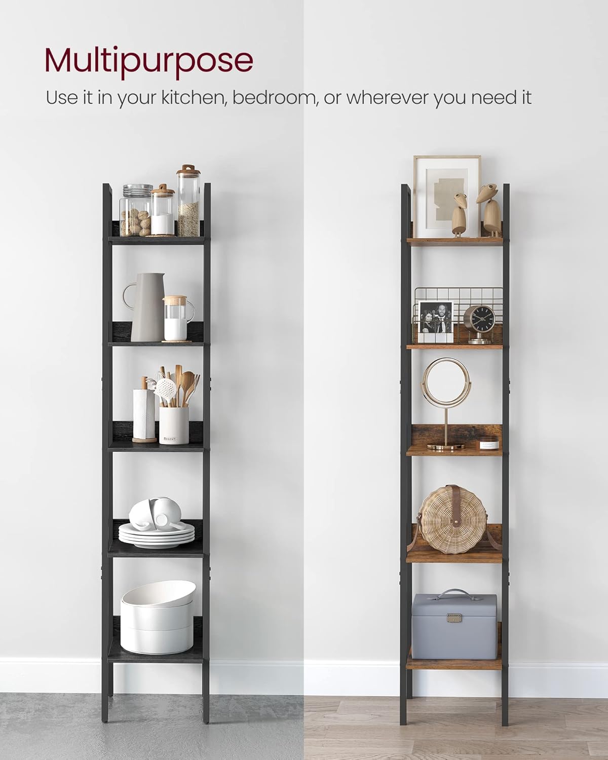 VASAGLE Bookshelf, 5-Tier Narrow Book Shelf, 11.8 x 13.3 x 66.9 Inches, Ladder Shelf for Home Office, Living Room, Bedroom, Kitchen, Ebony Black and Ink Black ULLS109B56