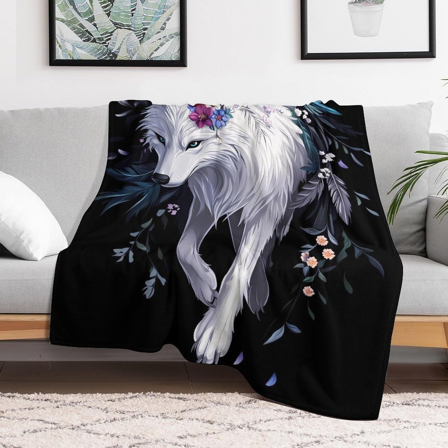 Flower Wolf Throw Blanket for Couch Bed Plush Cozy Fuzzy Flannel Blanket for All Season 55"x70"