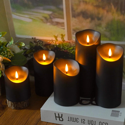 Flameless Candles with Remote Timer, Battery Operated Realistic Flickering LED Candles, 9 Packs Fake Candles for Home Decor (D3 x H 3" 4" 5" 6" 7") (Black)