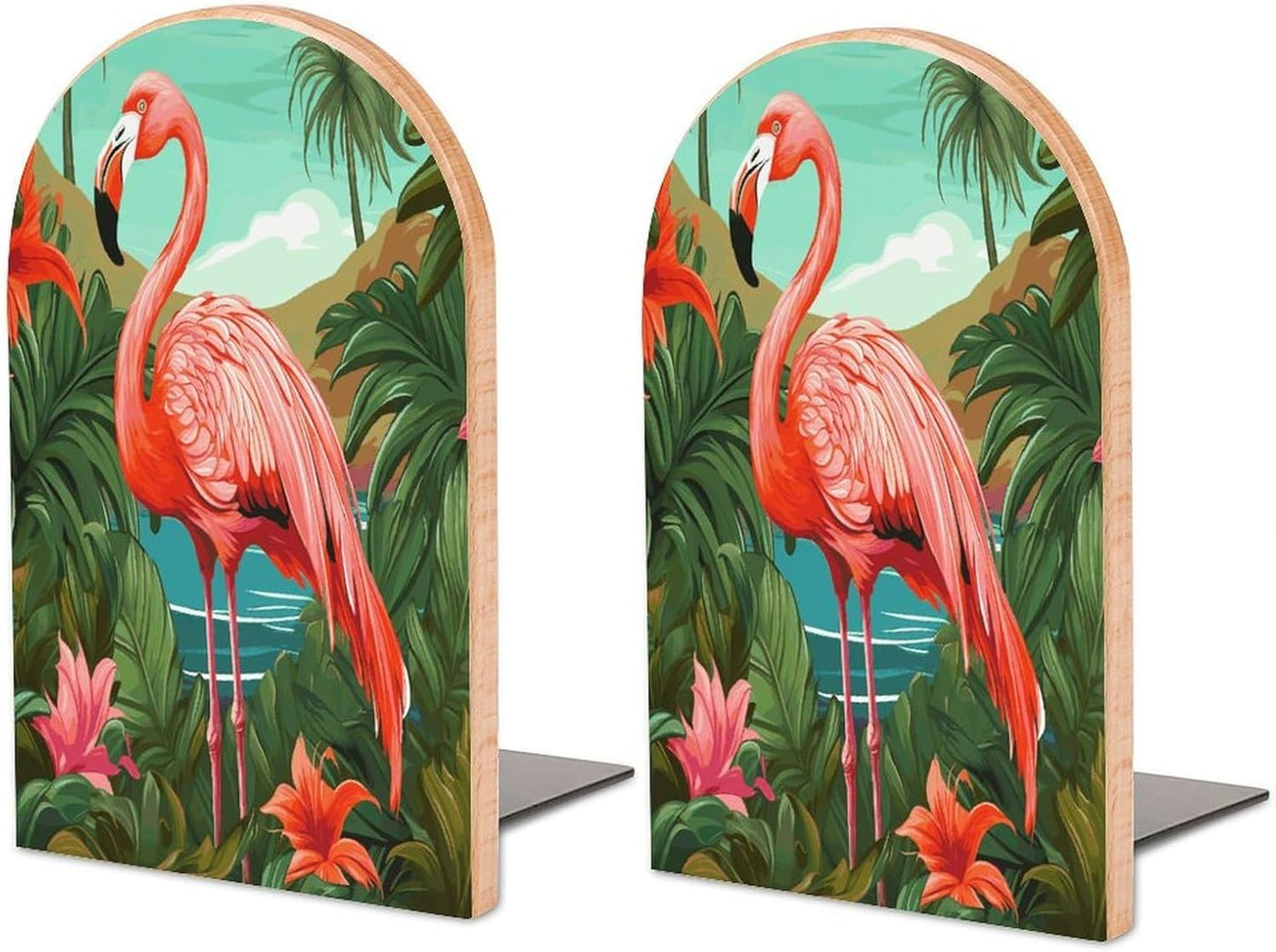Tropical Flamingo Bookend for Shelves Wooden Book End Large Size Sturdy Book Holders Stoppers with Metal Base for Bookshelves Slick Decorative Bookends Stands