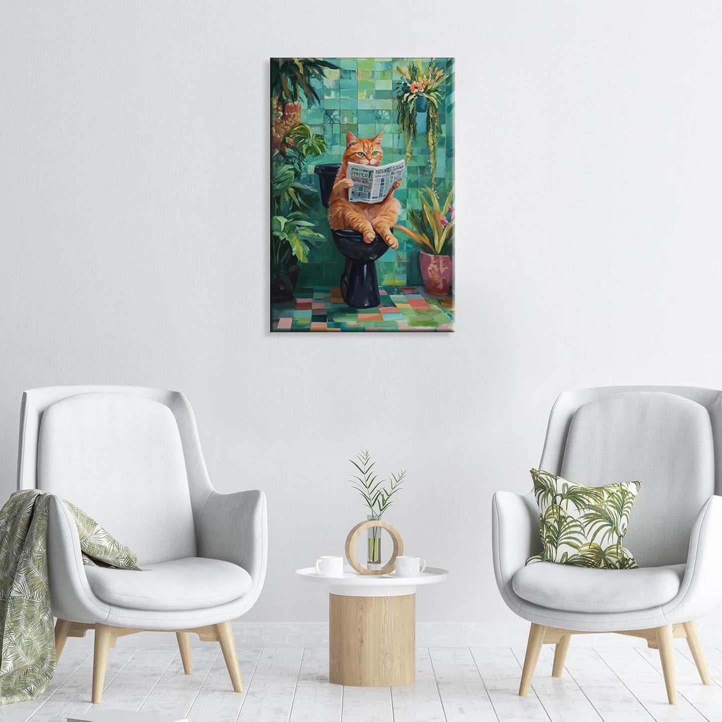 KIJDID Funny Cat On Toilet Reading Newspaper Canvas Wall Art Cute Cat Bathroom Aesthetic Posters Farmhouse Humor Animal Art Picture Painting For Living Room Restroom Wall Decor 12x16in Unframed