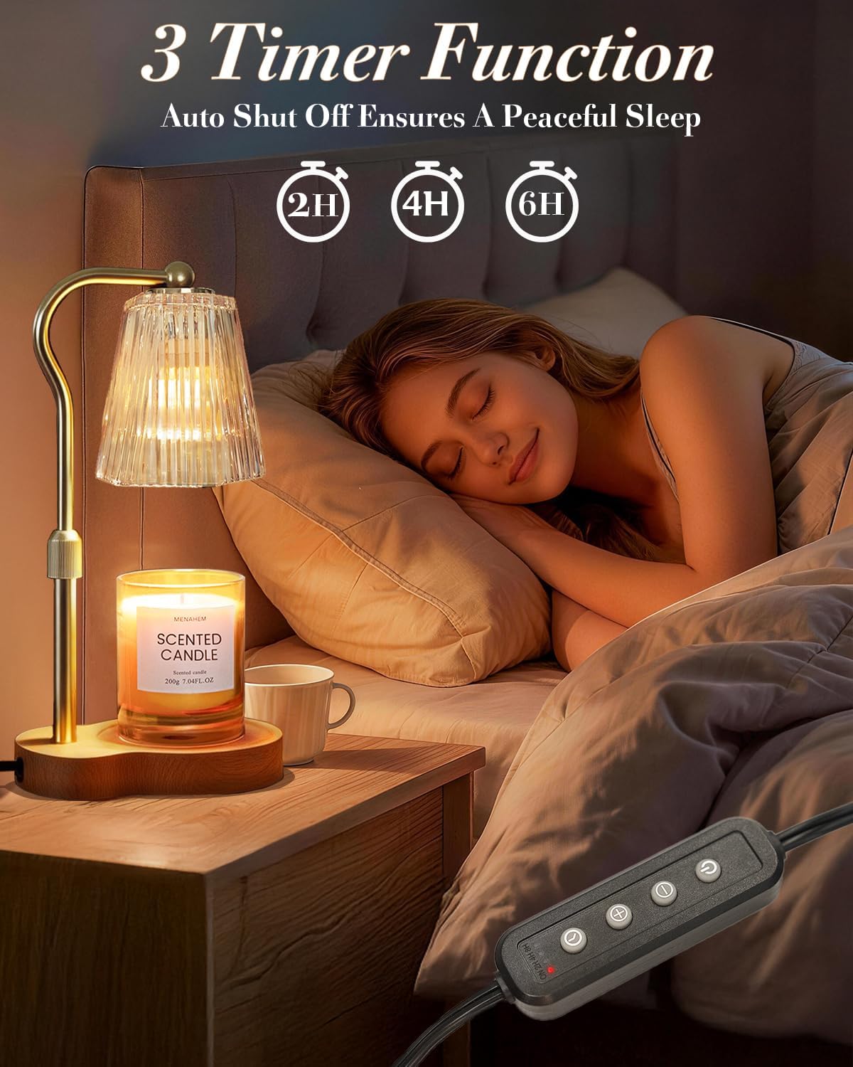 Candle Warmer Lamp, Wax Melt Warmer with 2 Bulbs for Scented Jar Candles, with Timer Dimmer Adjustable Height, Home Decor Gift for Girl Friend Mom Sister Women, No Flame No Smoke Warming Light, Amber