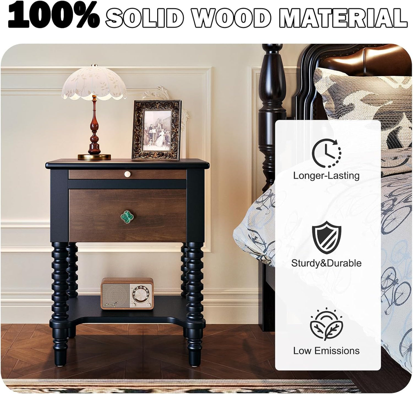 Wooden Mid Century Modern Nightstand Bedside Table with Drawers, Vintage Solid Wood End Side Table for Bedroom Living Room, Black-Walnut
