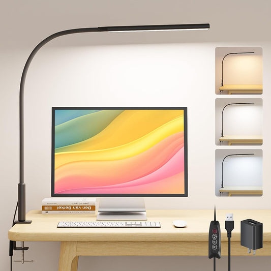 LED Desk Lamp with Clamp, Eye Caring Clip Light for Home Office, 3 Colors Stepless Dimming, Flexible Gooseneck Table Lamp with USB Adapter for Nail Reading Working Workbench Drawing Gaming (Black Pro)