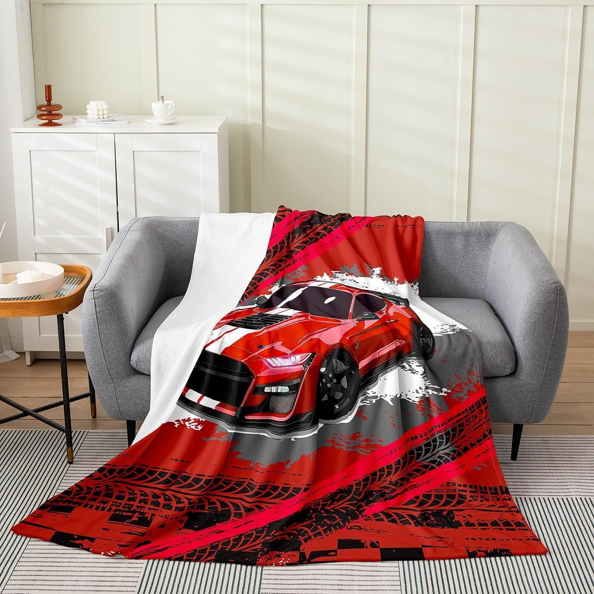 Erosebridal Race Car Throw Blanket Twin 60x80 Red Racing Car Fleece Blanket for Kids Boys Youth,Hippie Sports Car Flannel Blanket Lightweight Dirt Car Track Plush Blanket Sofa Bed Couch Decor