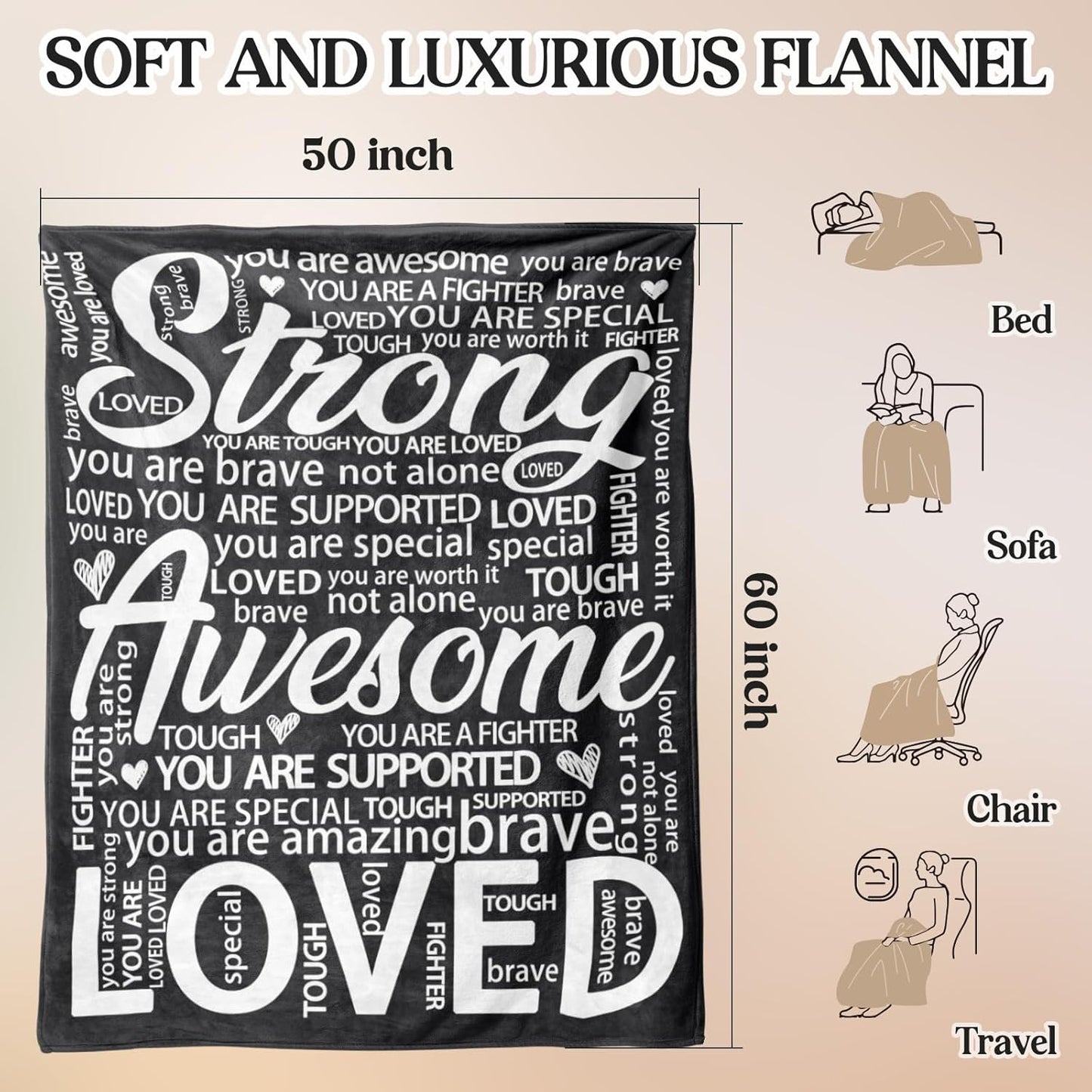 Get Well Gifts for Women or Men, Birthday Gifts, Inspirational Blanket for Her Him, Sympathy Gift, Cancer Care Gifts, Thinking of You Gift for Mom, Dad, Friend, Coworker- Black Hug Blanket 60'' x 50''