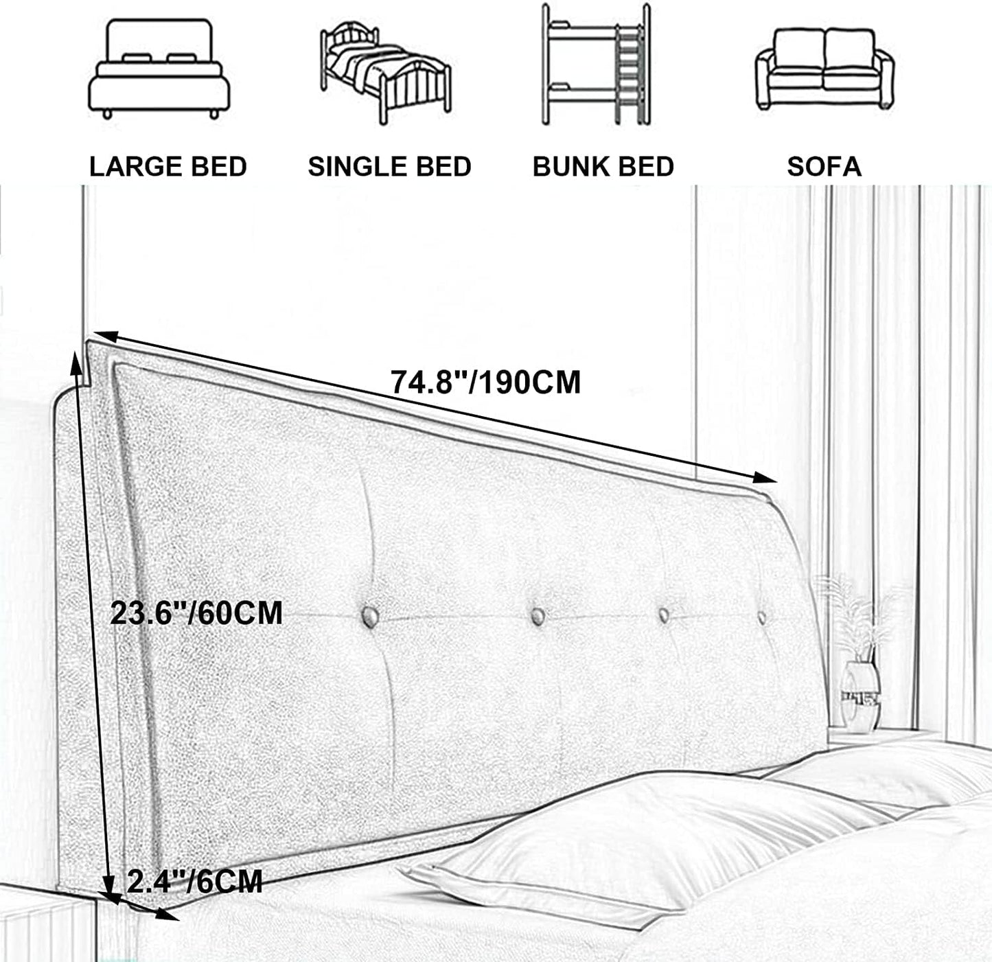Headboard Cushion Reading Pillow Back Support Bed Large Adult Backrest Wedge Lounge Positioning Bedrest Bolster(Size:No headboard 74.8"/190cm,Color:A)