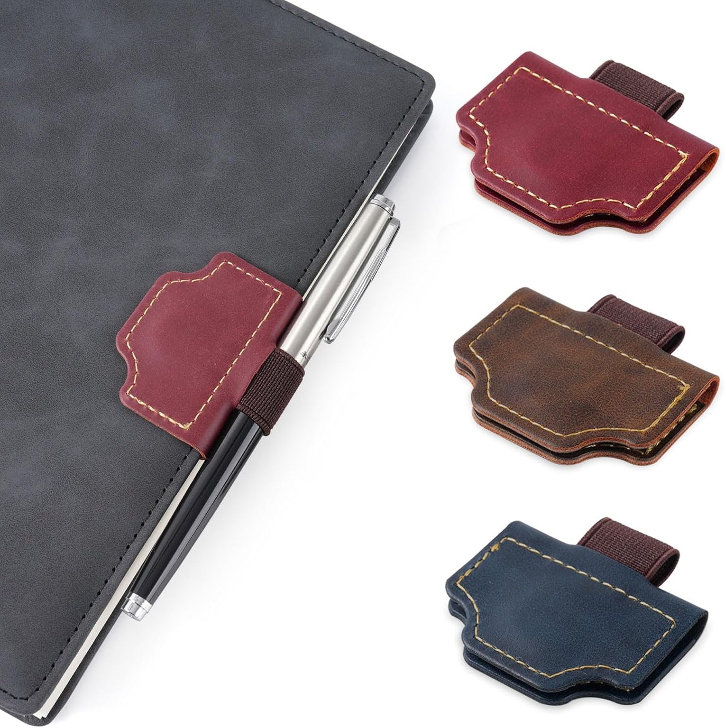 3 PCS Magnetic Pen Holders, Vintage Pen Holder for Notebook, Journal, Magnetic Pen Loop Holder Set for Readers, Book Lovers, PU Leather Book Mark Pencil Holder Clip for Women Men