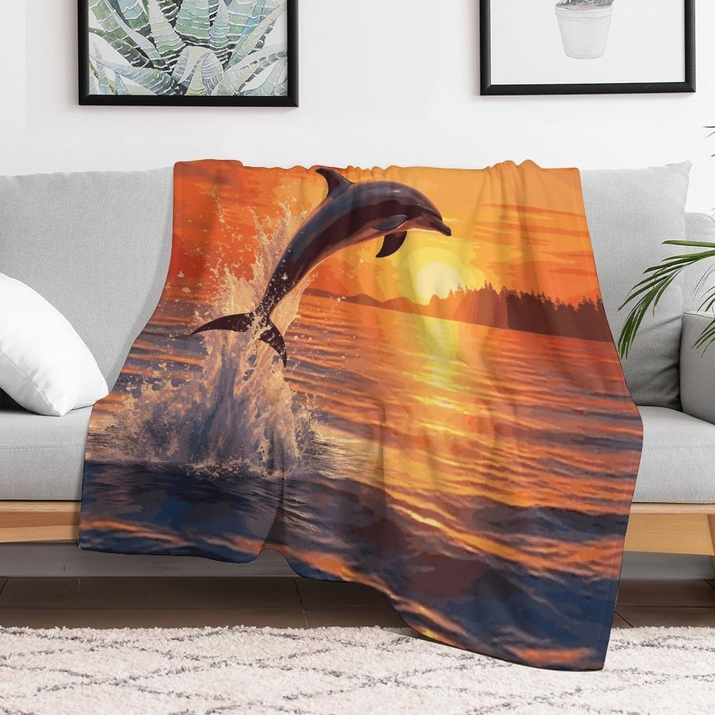 Sunset Dolphin Blanket Super Soft Lightweight Throw Blanket Cute Cozy Warm Bed Blanket Decorative Fuzzy Blanket All-Season Home Decor Gift for Sofa Couch Living Room 30"*40"（76 * 100cm）