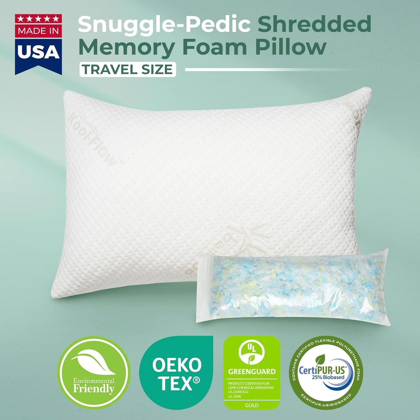 Snuggle-Pedic Travel Shredded Memory Foam Support Pillow - Compact Cooling Ergonomic Design for Side Sleepers, Pregnancy, Post-Surgery, Neck and Lumbar Support - Lightweight & Washable - USA Quality