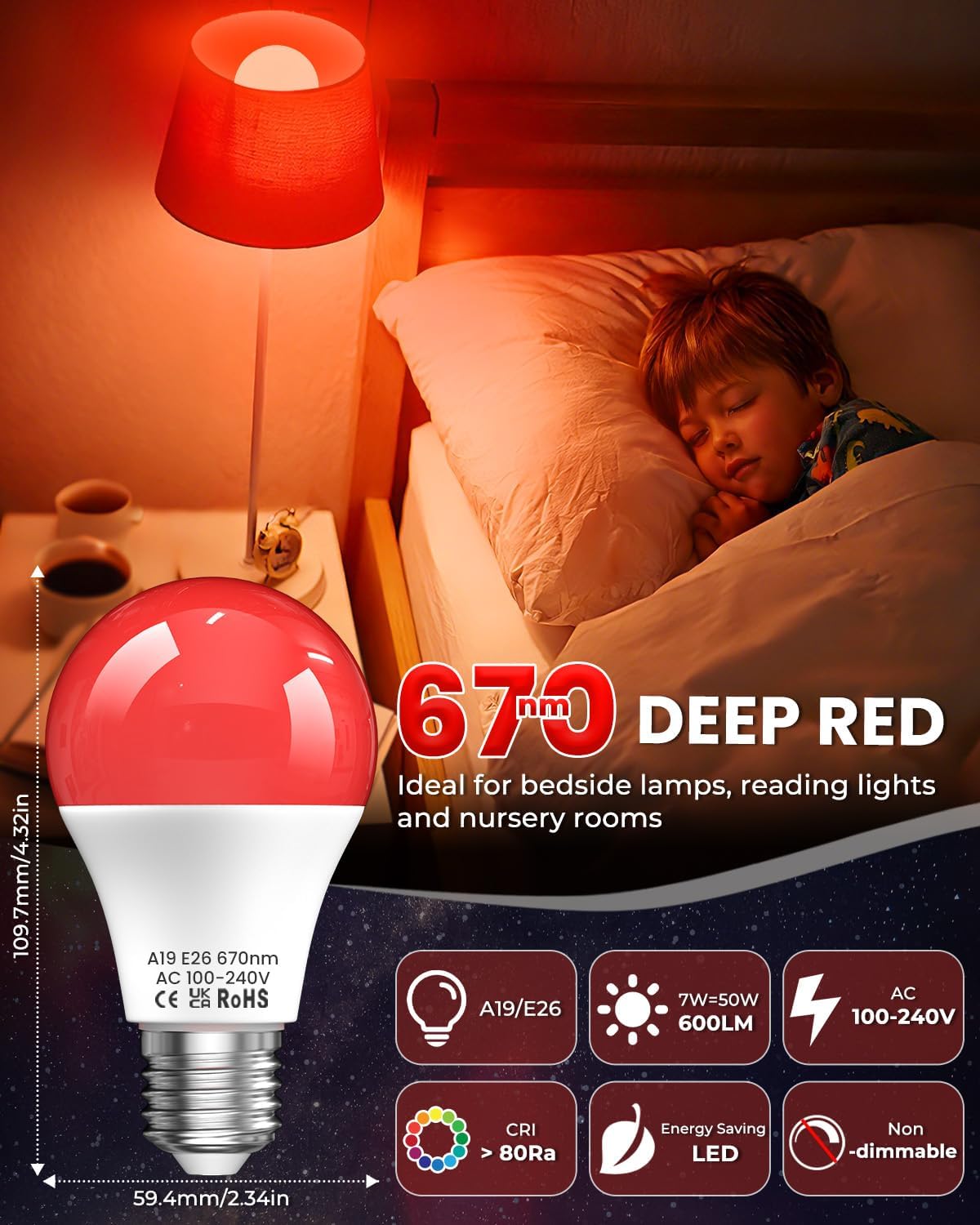 7W 670nm Red Light Bulb for Sleep, 100% Blue Light Blocking Red Night Light Bulbs for Melatonin Promote, A19 E26 50W Equivalent LED Red Bulb for Bedroom Lamp, Baby Nursery, Reading, 2-Pack