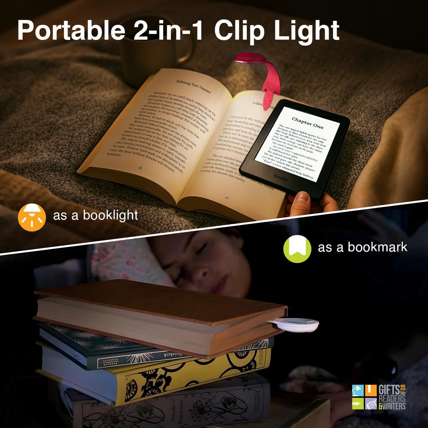 Gifts for Readers & Writers Book Light, Clip On Reading Light for Bed, 2in1 Flexilight & Bookmark, Small & Lightweight with a Soft Glow, 2 Batteries Included, Blue Digital