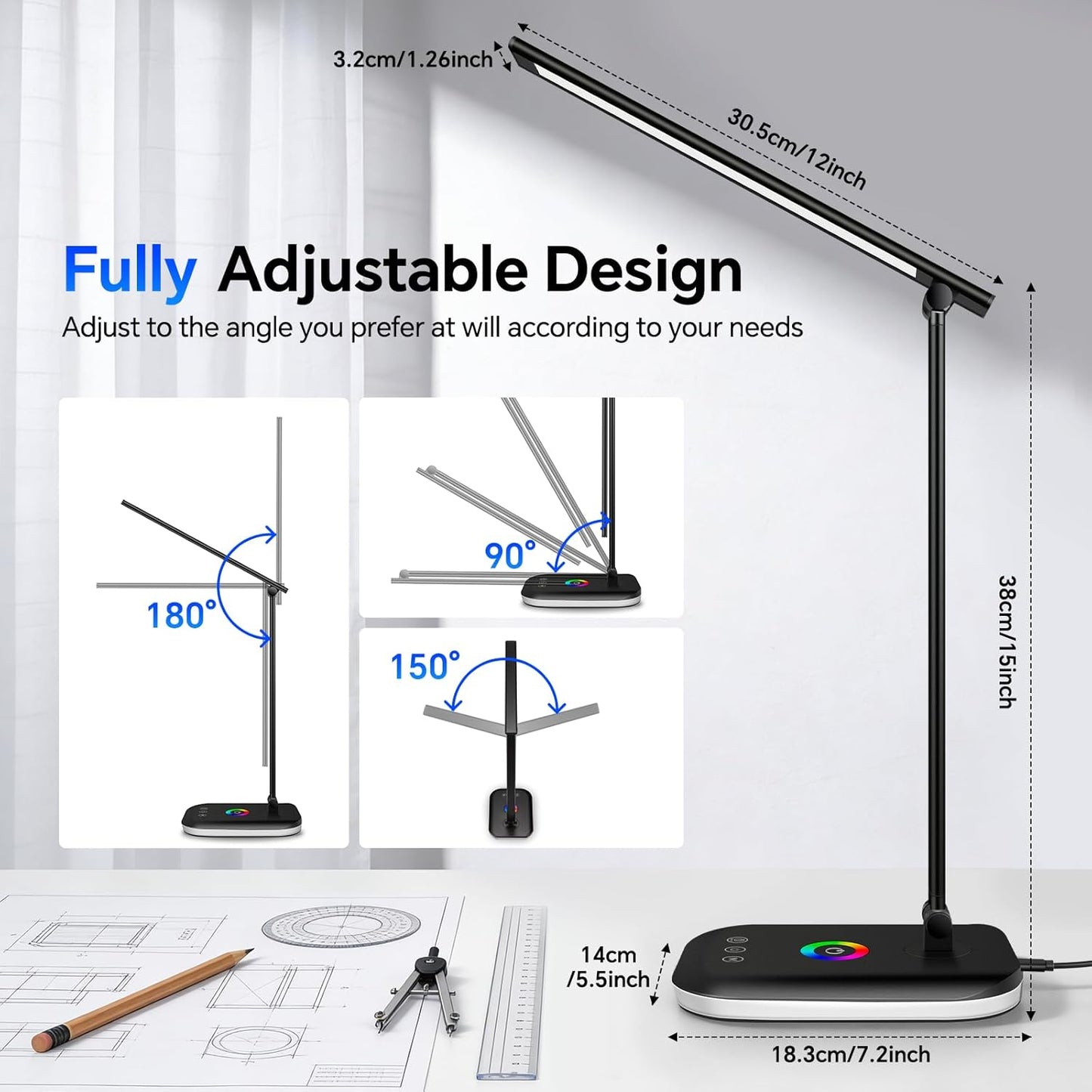 Bright LED Desk Lamp for Office Home, 10%-100% Stepless Dimmable & 5 Color Temperatures, Eye Caring Desk Light for Office, Study, Craft, Puzzle, Nail, Sewing | USB Charging | 45 Min Timer | RGB