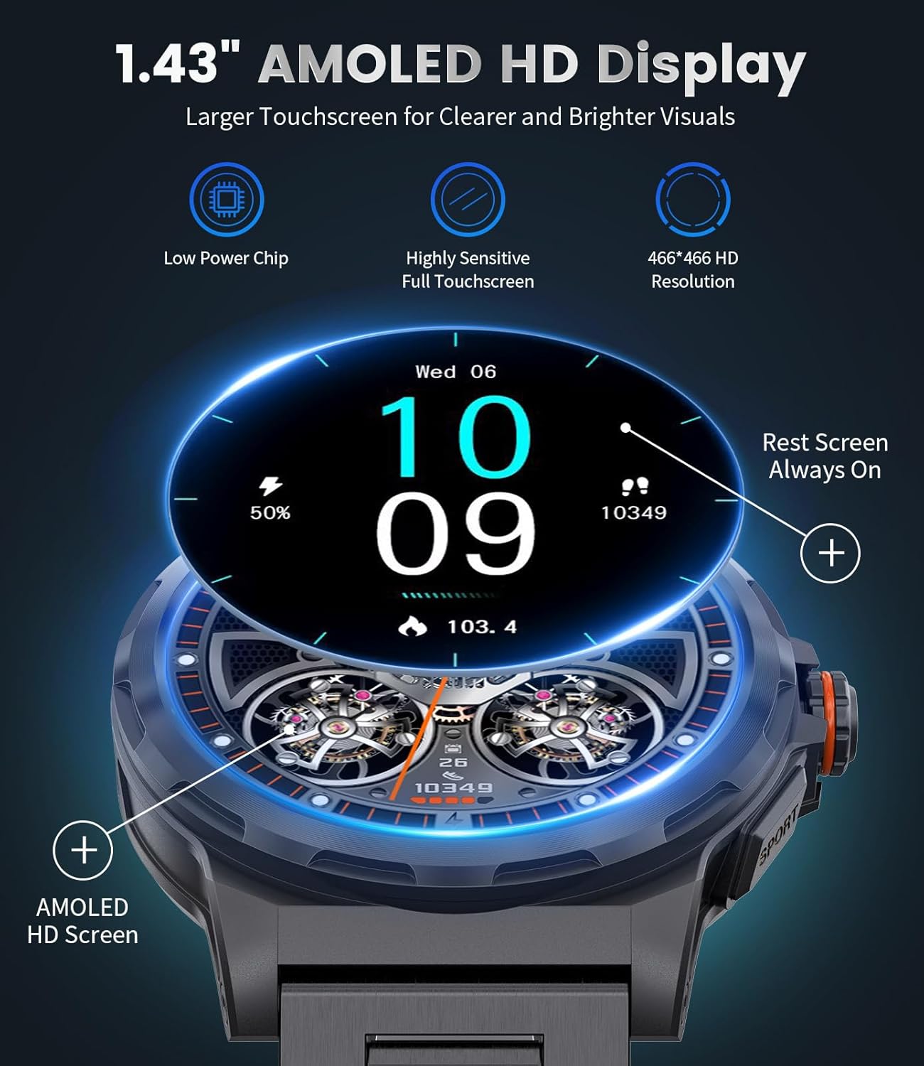 LIGE Military Smart Watch for Men(Answer/Make Call),1.43" HD AMOLED Rugged Smartwatch for iPhone Android Phone,Fitness Watch,Black Sport Watch with 120+ Sport Modes/5ATM Waterproof