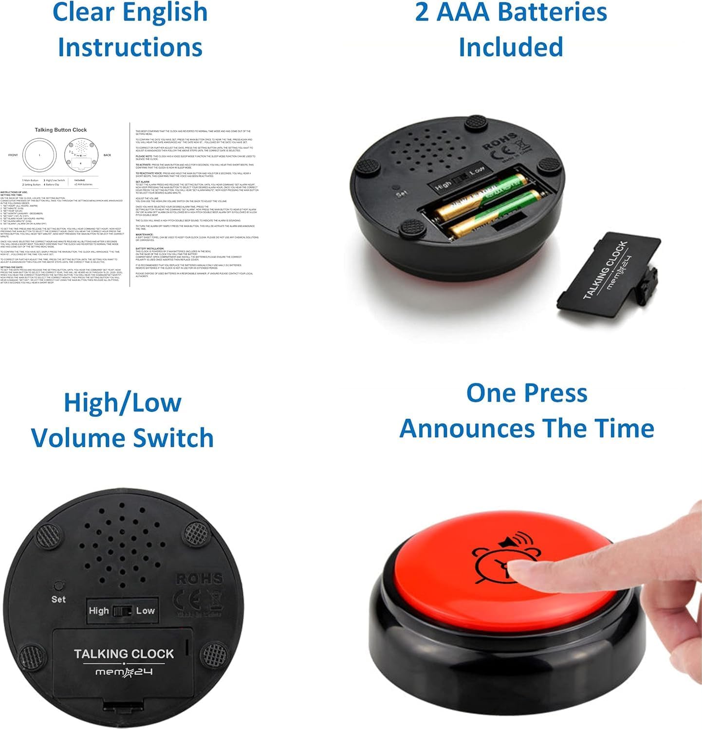 memo24 Talking Button Alarm Clock for The Blind and Visually Impaired, Elderly & Dementia Sufferers. English Male Voice Announces Time/Day/Date, Volume Control Switch, Batteries Included.